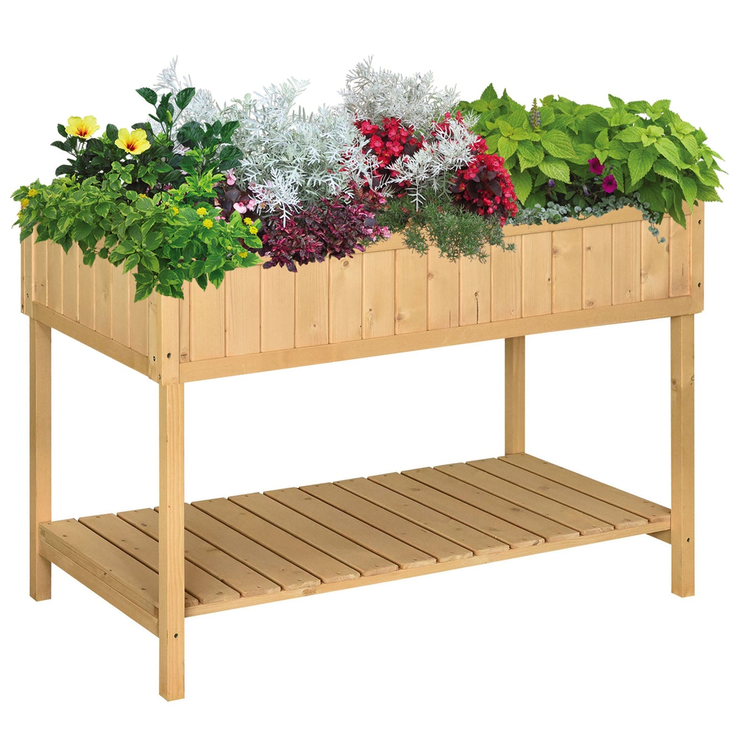 43" x 18" x 30" Raised Garden Bed, Wood Planter Box with Storage Shelf and 8 Pockets, to Grow Herbs, Vegetables, and Flowers, Natural
