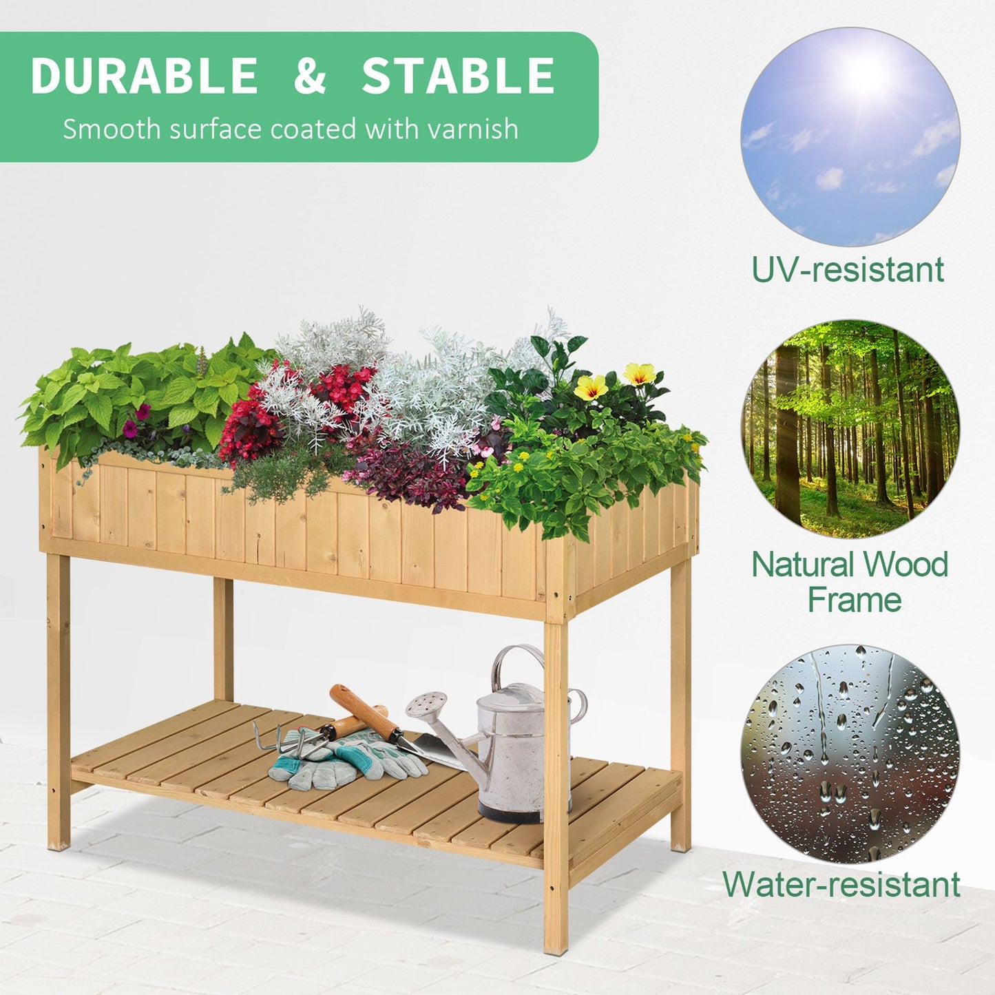 43" x 18" x 30" Raised Garden Bed, Wood Planter Box with Storage Shelf and 8 Pockets, to Grow Herbs, Vegetables, and Flowers, Natural
