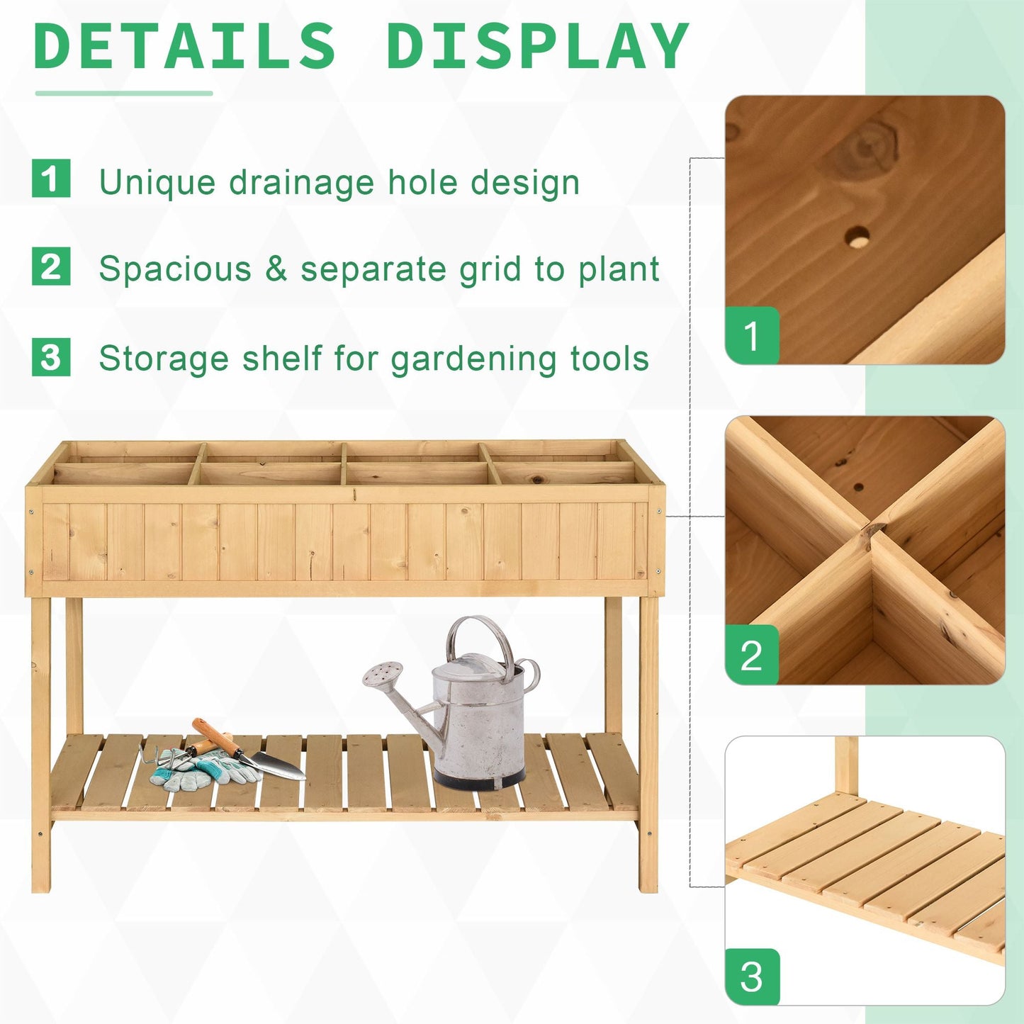 43" x 18" x 30" Raised Garden Bed, Wood Planter Box with Storage Shelf and 8 Pockets, to Grow Herbs, Vegetables, and Flowers, Natural