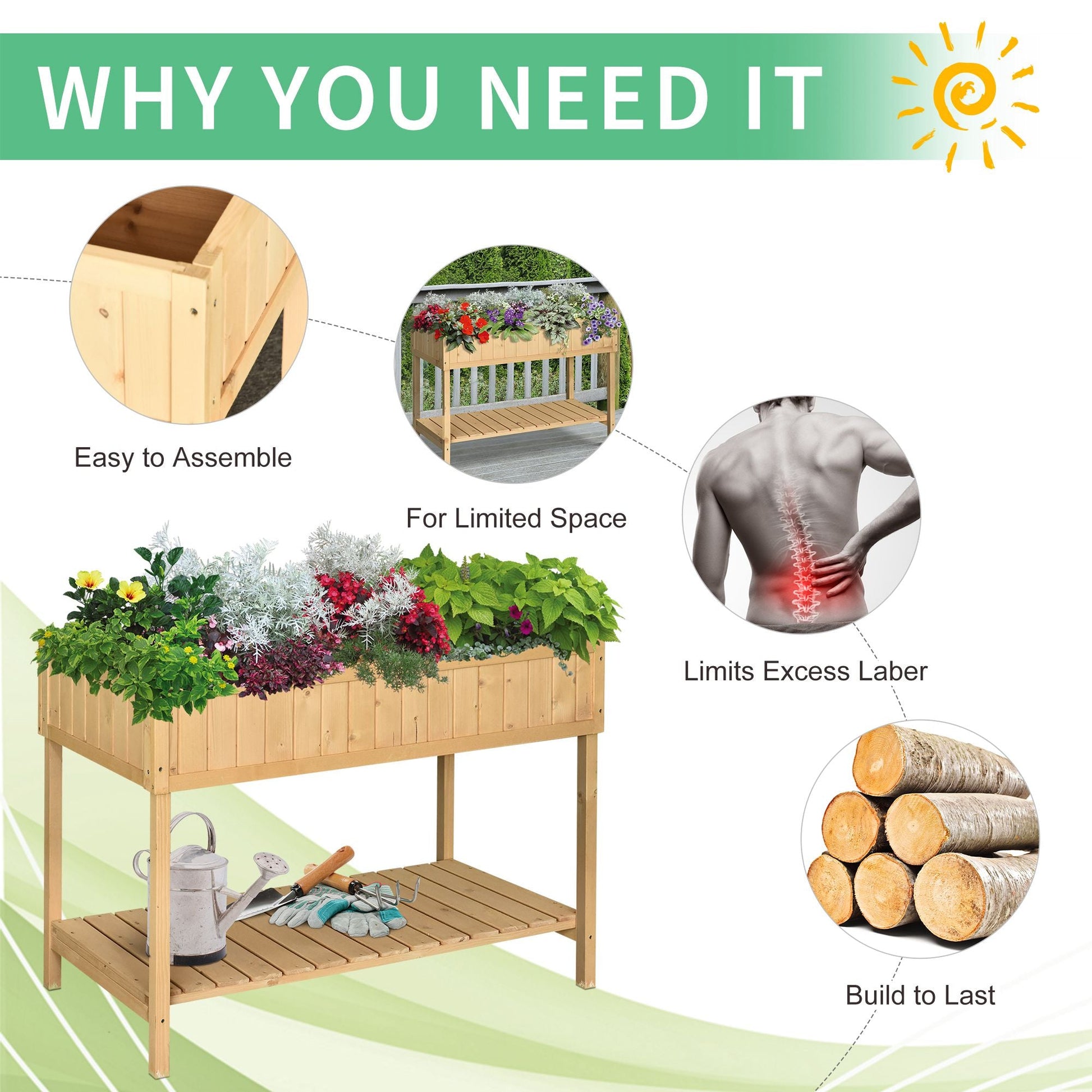 43" x 18" x 30" Raised Garden Bed, Wood Planter Box with Storage Shelf and 8 Pockets, to Grow Herbs, Vegetables, and Flowers, Natural