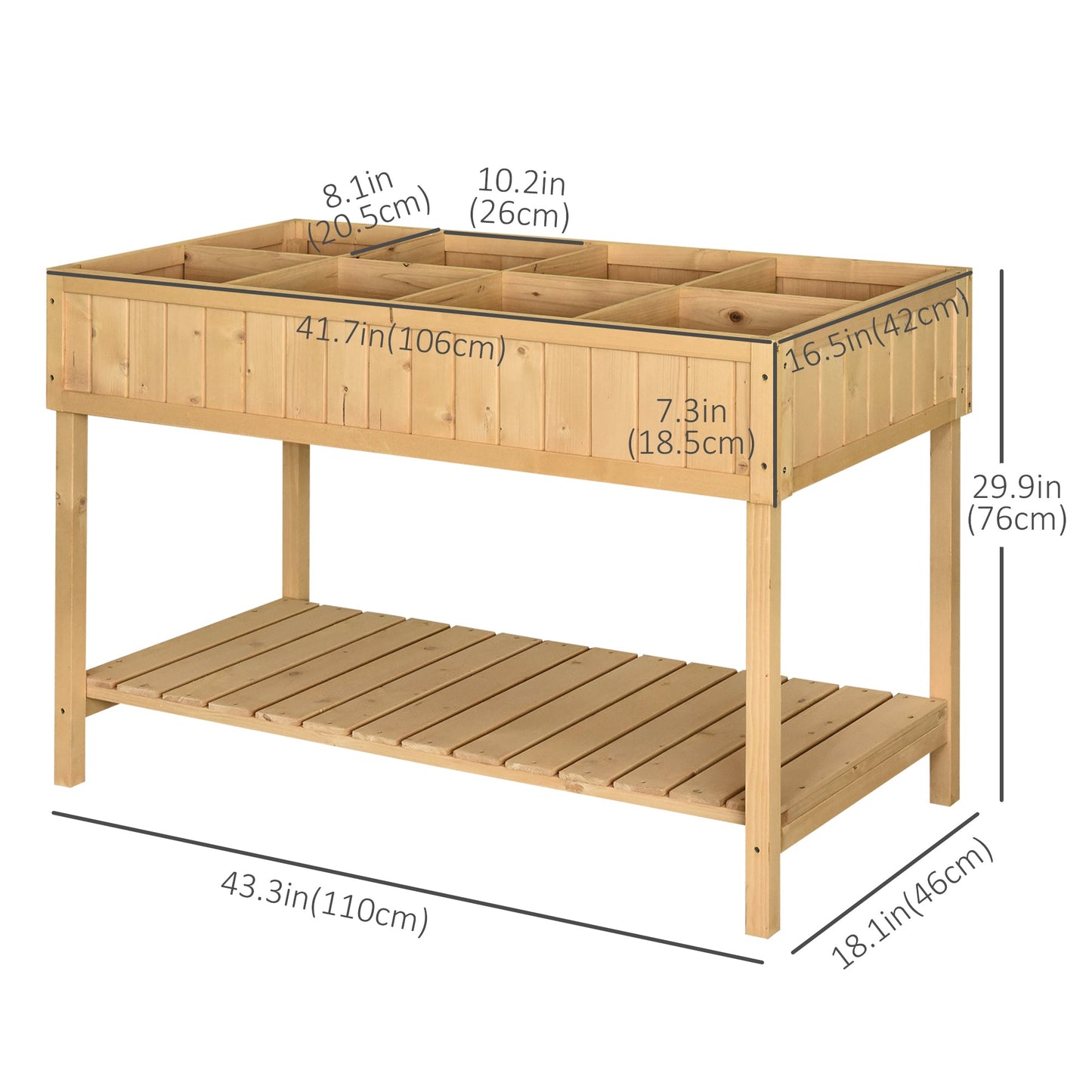 43" x 18" x 30" Raised Garden Bed, Wood Planter Box with Storage Shelf and 8 Pockets, to Grow Herbs, Vegetables, and Flowers, Natural