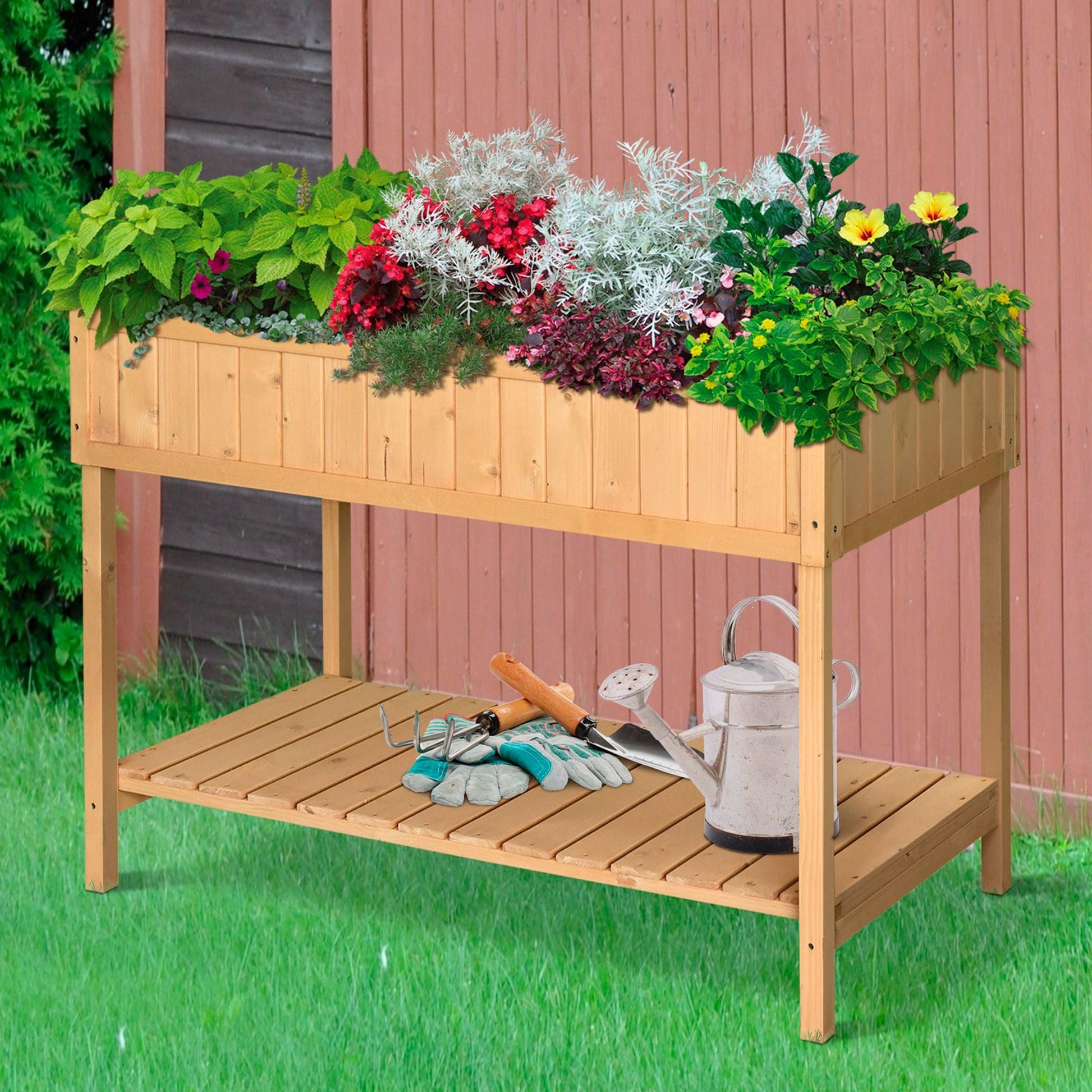 43" x 18" x 30" Raised Garden Bed, Wood Planter Box with Storage Shelf and 8 Pockets, to Grow Herbs, Vegetables, and Flowers, Natural