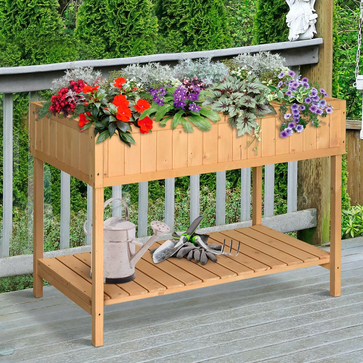 43" x 18" x 30" Raised Garden Bed, Wood Planter Box with Storage Shelf and 8 Pockets, to Grow Herbs, Vegetables, and Flowers, Natural