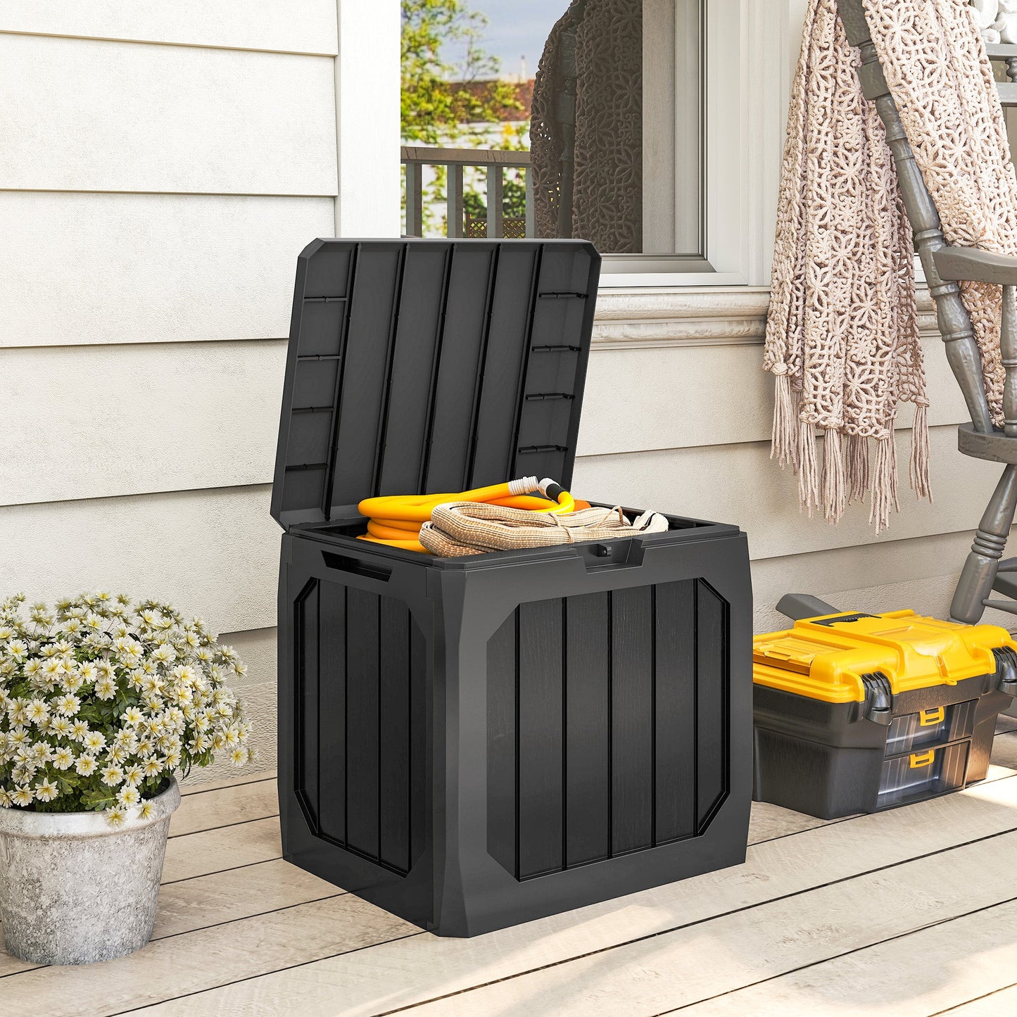 32 Gallon Deck Box, Plastic Outdoor Storage Box with Handles, Waterproof and UV Resistant Storage Container for Garden Tools and Pool Supplies, Black