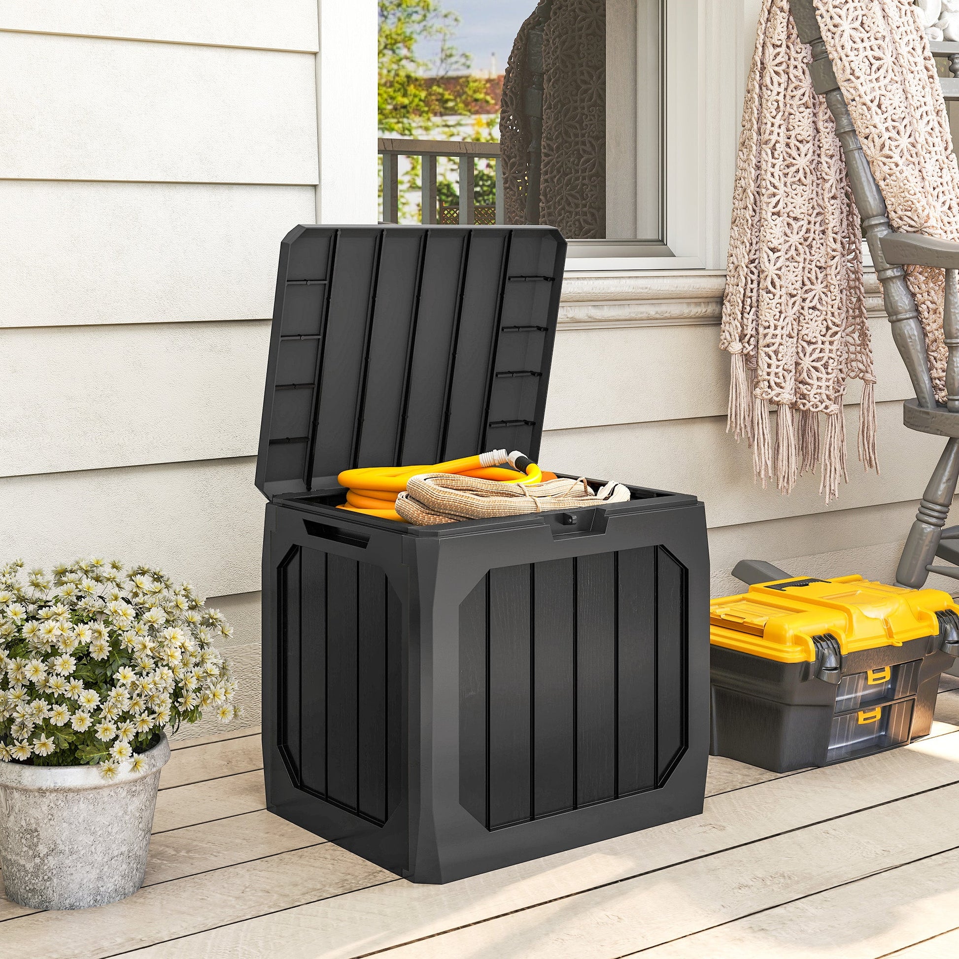 32 Gallon Deck Box, Plastic Outdoor Storage Box with Handles, Waterproof and UV Resistant Storage Container for Garden Tools and Pool Supplies, Black