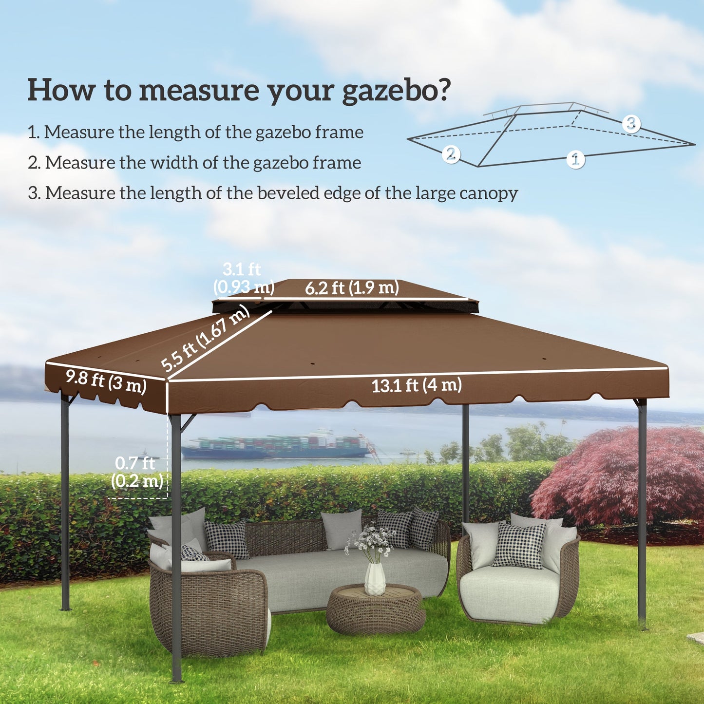 13.1' x 9.8' Gazebo Replacement Canopy, Gazebo Top Cover with Double Vented Roof for Garden Patio Outdoor TOP ONLY, Coffee