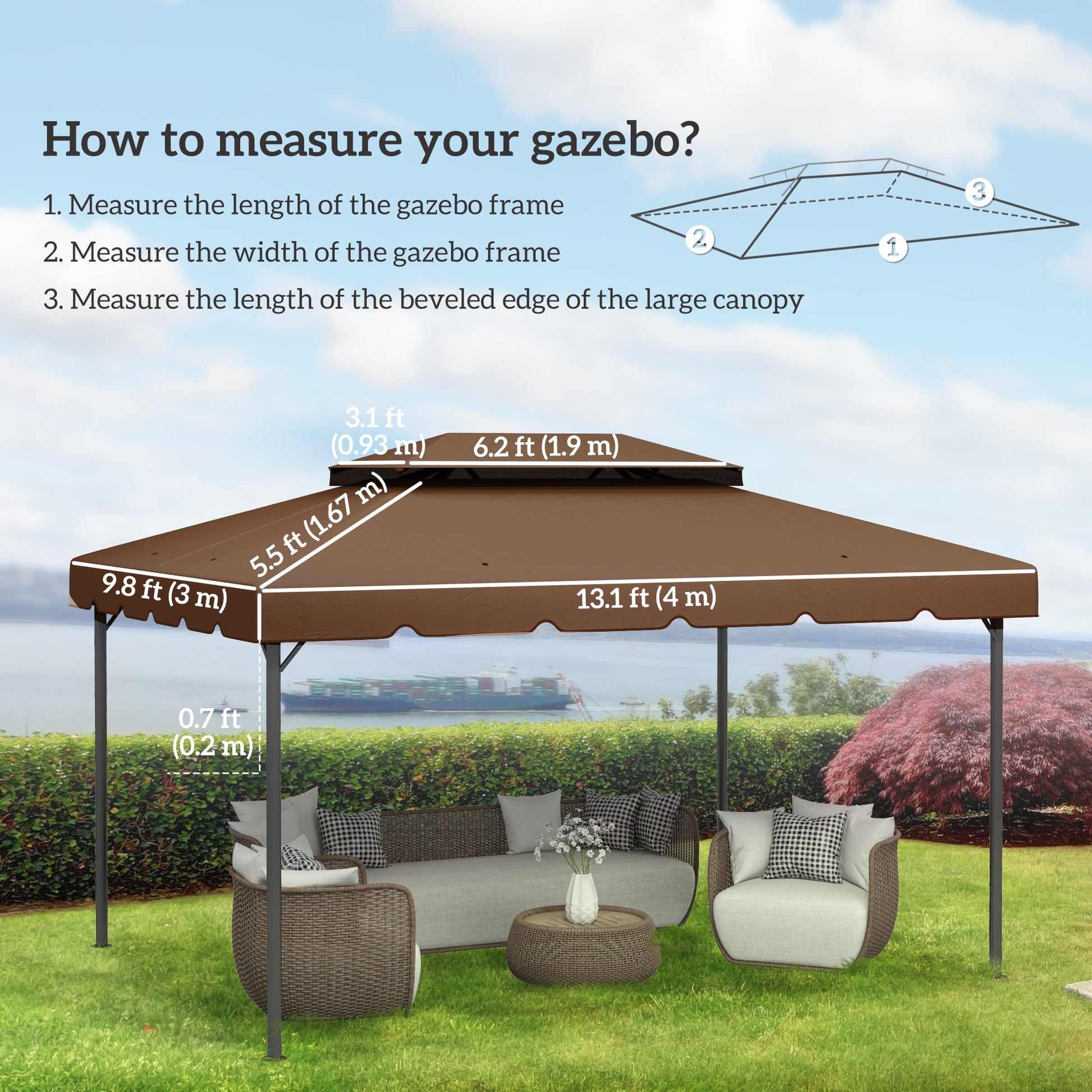 13.1' x 9.8' Gazebo Replacement Canopy, Gazebo Top Cover with Double Vented Roof for Garden Patio Outdoor TOP ONLY, Coffee