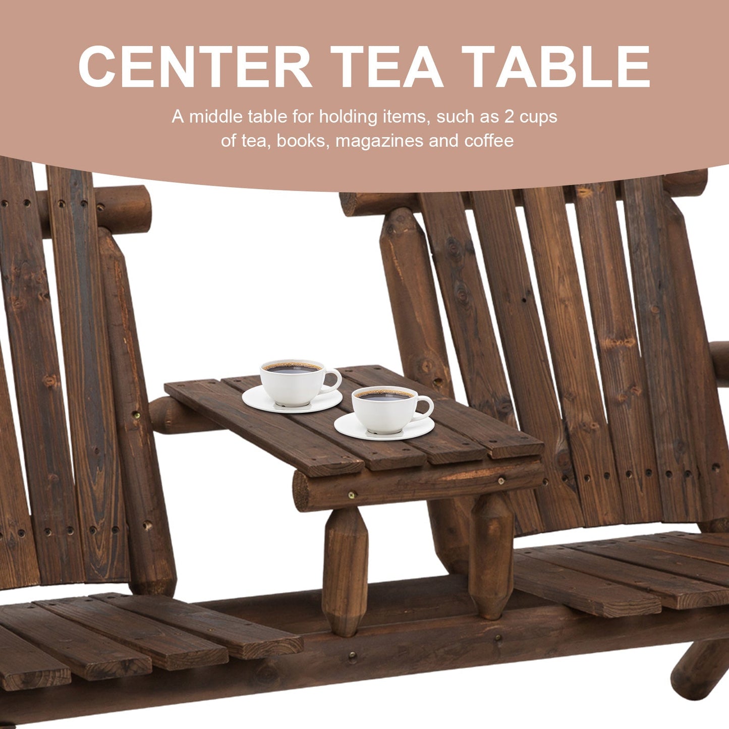 Wooden Outdoor Bench, Double Adirondack Chair Bench Set with Center Table for Patio, Backyard, Deck, Fire Pit, 61.8" x 34.6" x 40.6", Carbonized