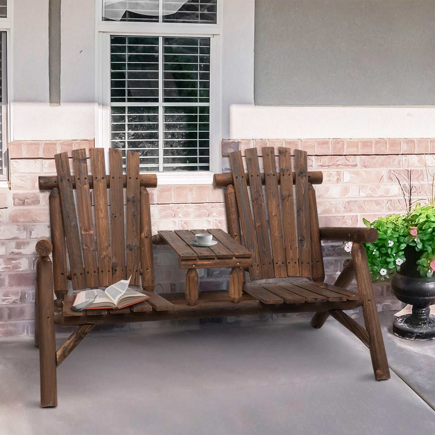 Wooden Outdoor Bench, Double Adirondack Chair Bench Set with Center Table for Patio, Backyard, Deck, Fire Pit, 61.8" x 34.6" x 40.6", Carbonized
