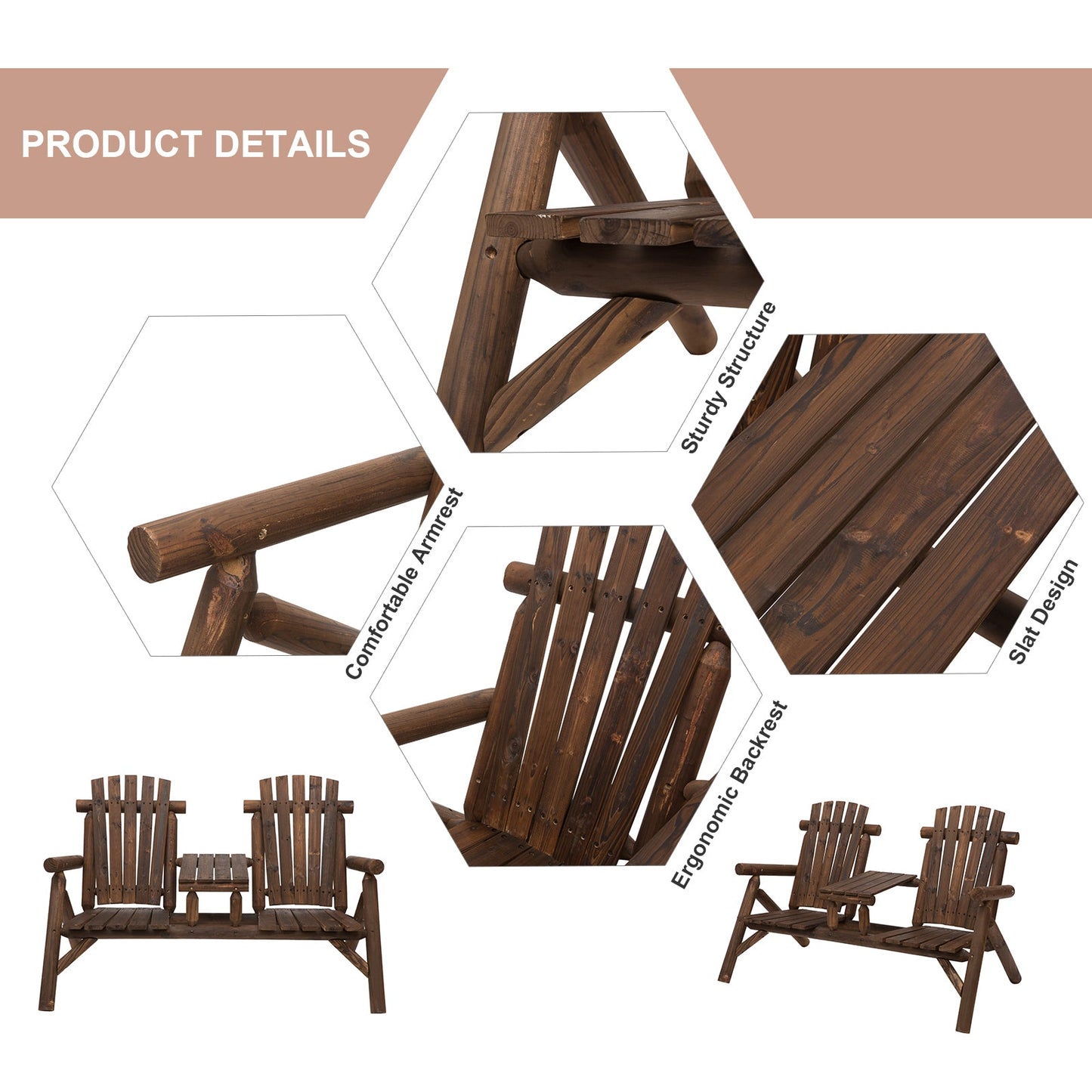 Wooden Outdoor Bench, Double Adirondack Chair Bench Set with Center Table for Patio, Backyard, Deck, Fire Pit, 61.8" x 34.6" x 40.6", Carbonized