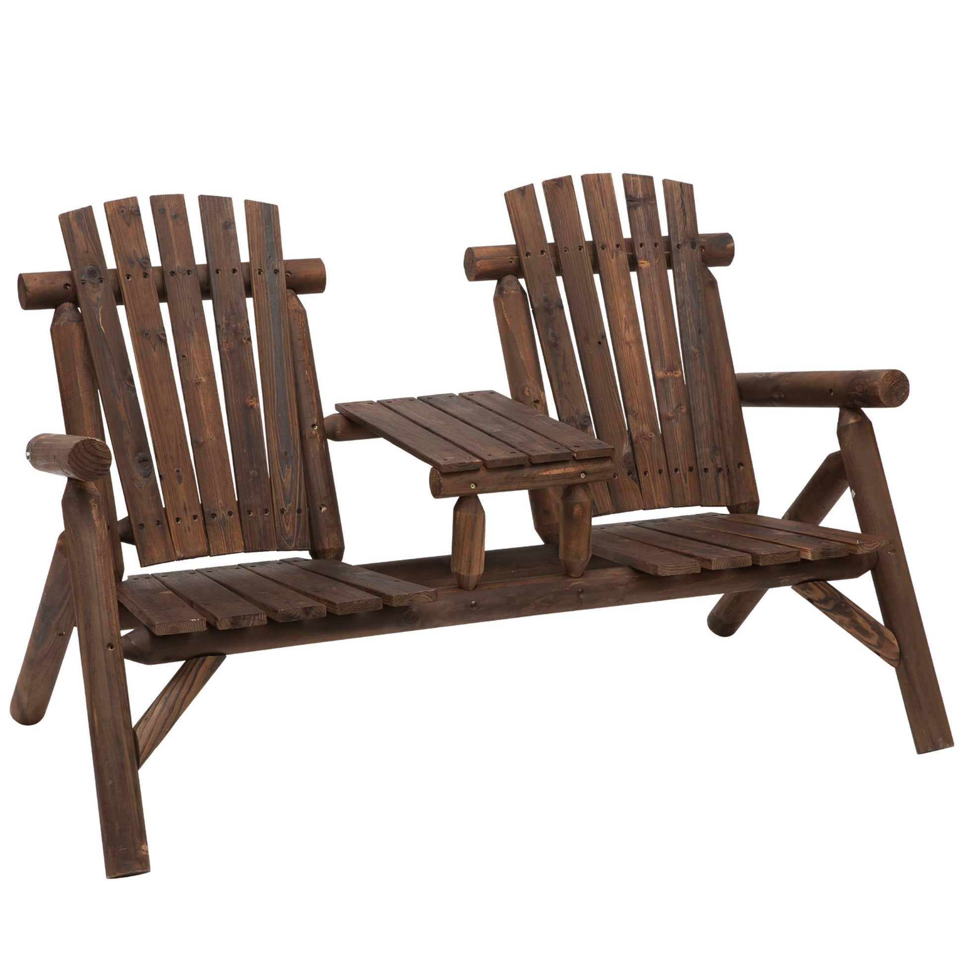 Wooden Outdoor Bench, Double Adirondack Chair Bench Set with Center Table for Patio, Backyard, Deck, Fire Pit, 61.8" x 34.6" x 40.6", Carbonized