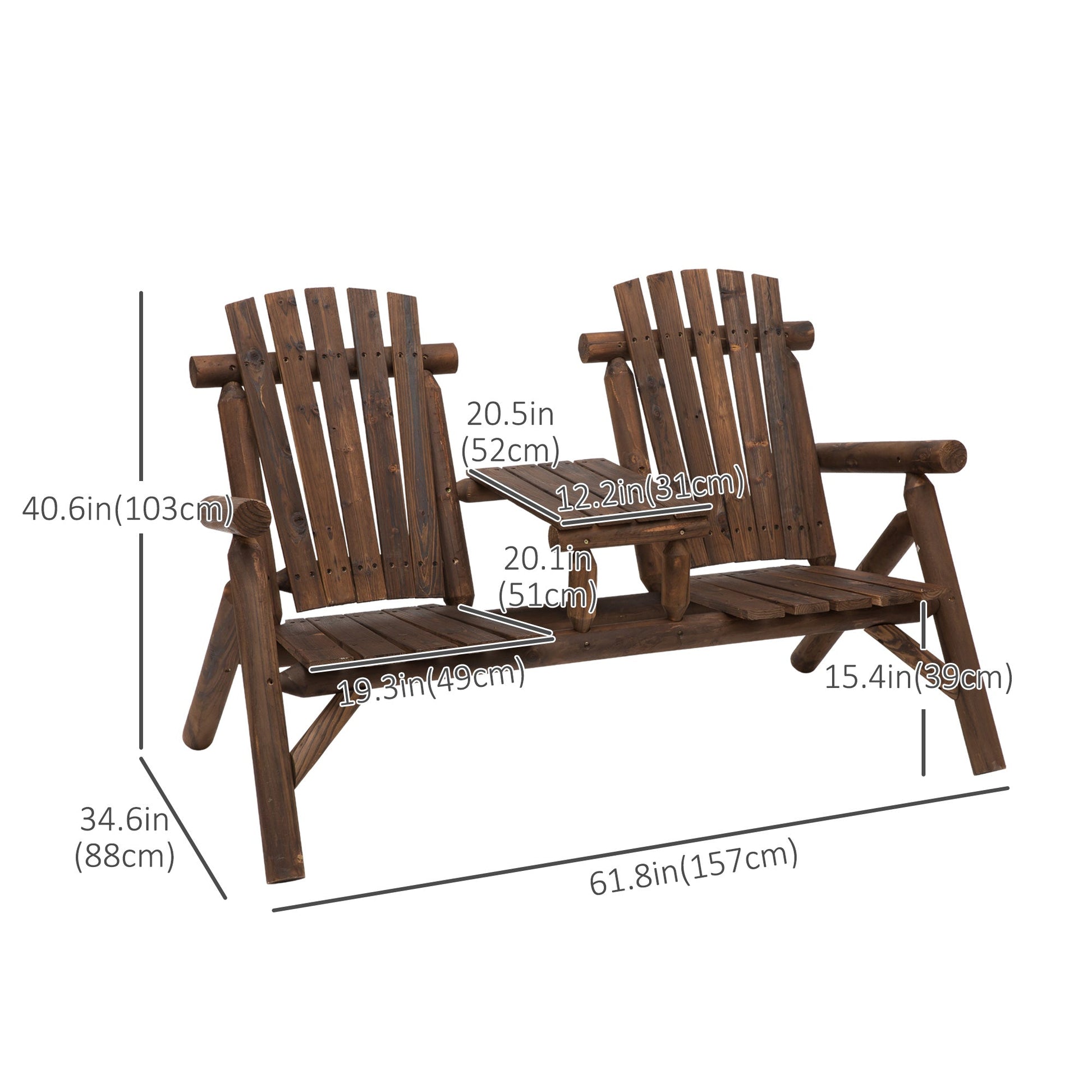 Wooden Outdoor Bench, Double Adirondack Chair Bench Set with Center Table for Patio, Backyard, Deck, Fire Pit, 61.8" x 34.6" x 40.6", Carbonized