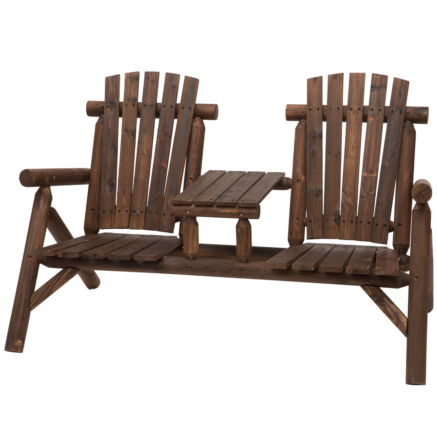 Wooden Outdoor Bench, Double Adirondack Chair Bench Set with Center Table for Patio, Backyard, Deck, Fire Pit, 61.8" x 34.6" x 40.6", Carbonized