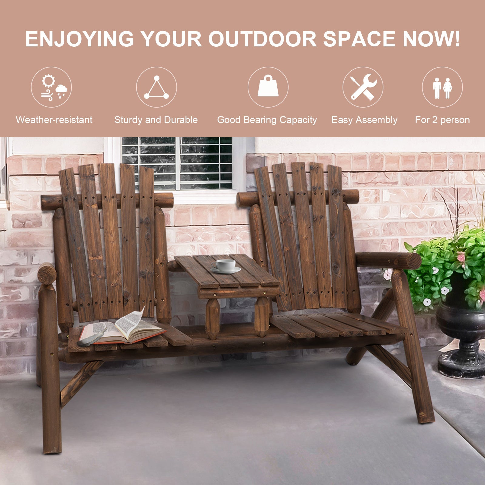 Wooden Outdoor Bench, Double Adirondack Chair Bench Set with Center Table for Patio, Backyard, Deck, Fire Pit, 61.8" x 34.6" x 40.6", Carbonized