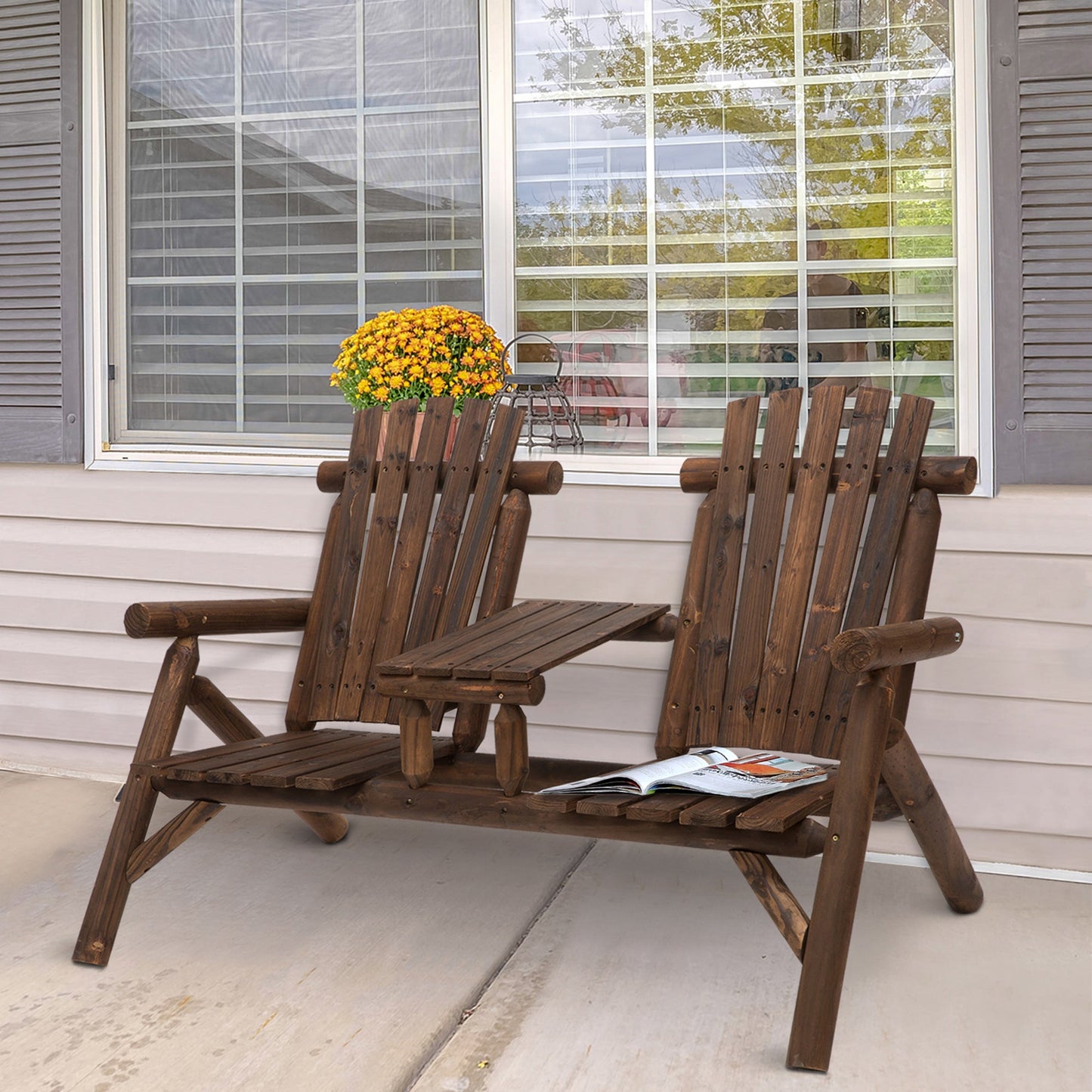 Wooden Outdoor Bench, Double Adirondack Chair Bench Set with Center Table for Patio, Backyard, Deck, Fire Pit, 61.8" x 34.6" x 40.6", Carbonized