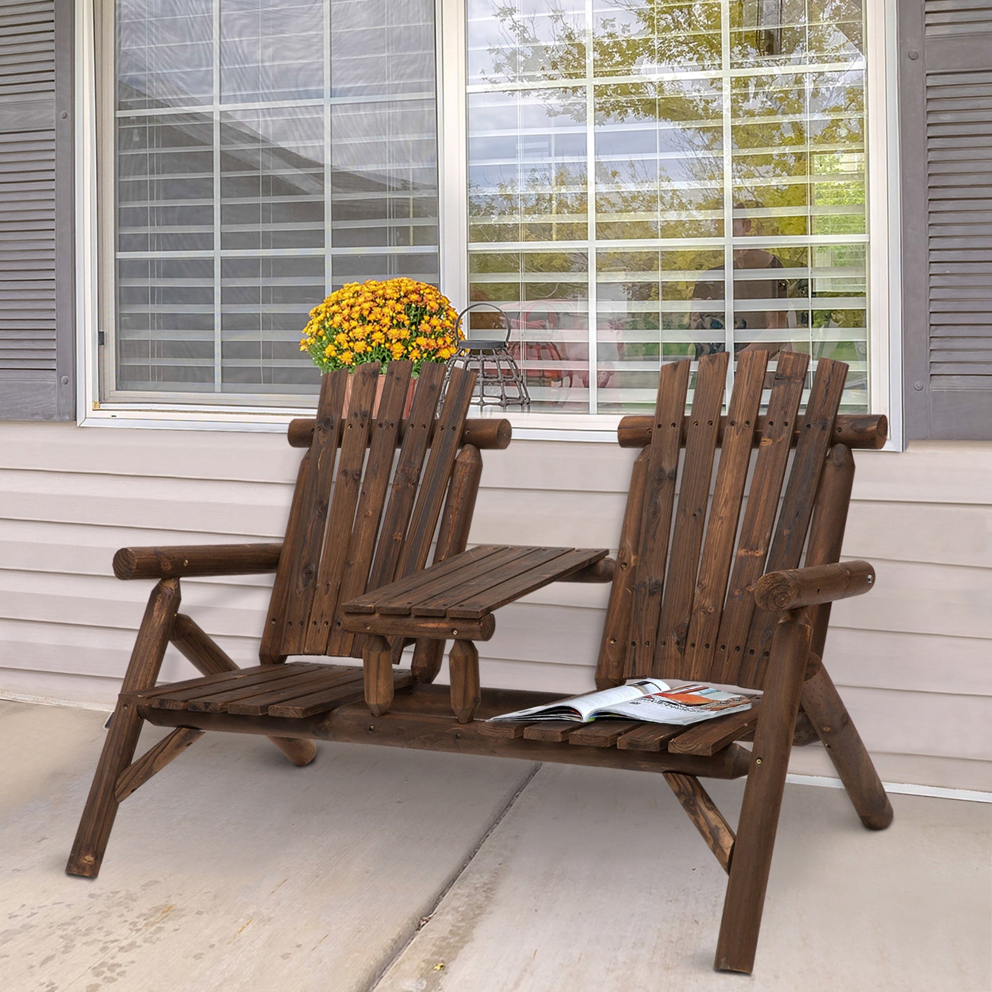 Wooden Outdoor Bench, Double Adirondack Chair Bench Set with Center Table for Patio, Backyard, Deck, Fire Pit, 61.8" x 34.6" x 40.6", Carbonized