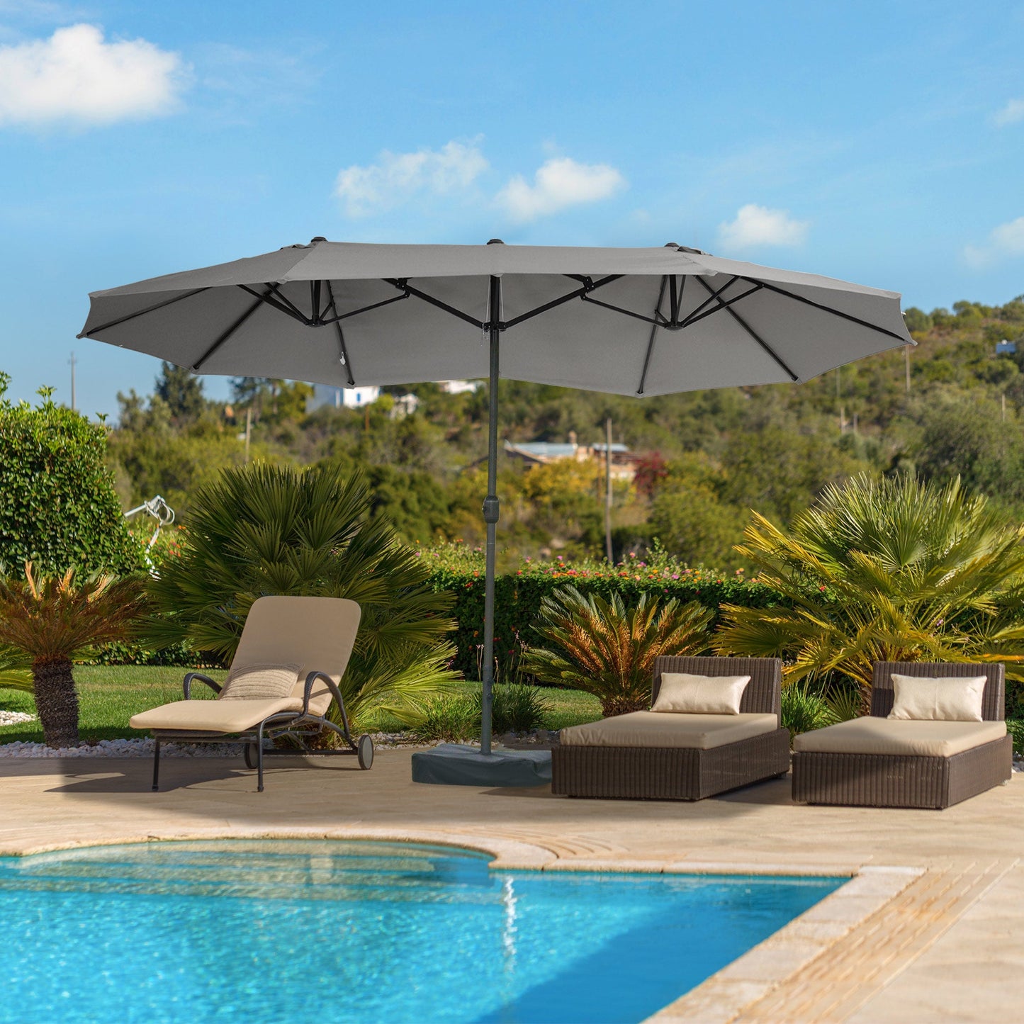 15' Outdoor Patio Umbrella with Twin Canopy Sunshade Steel Table Umbrella with Lift Crank, Cross base, Sandbag, Dark Grey