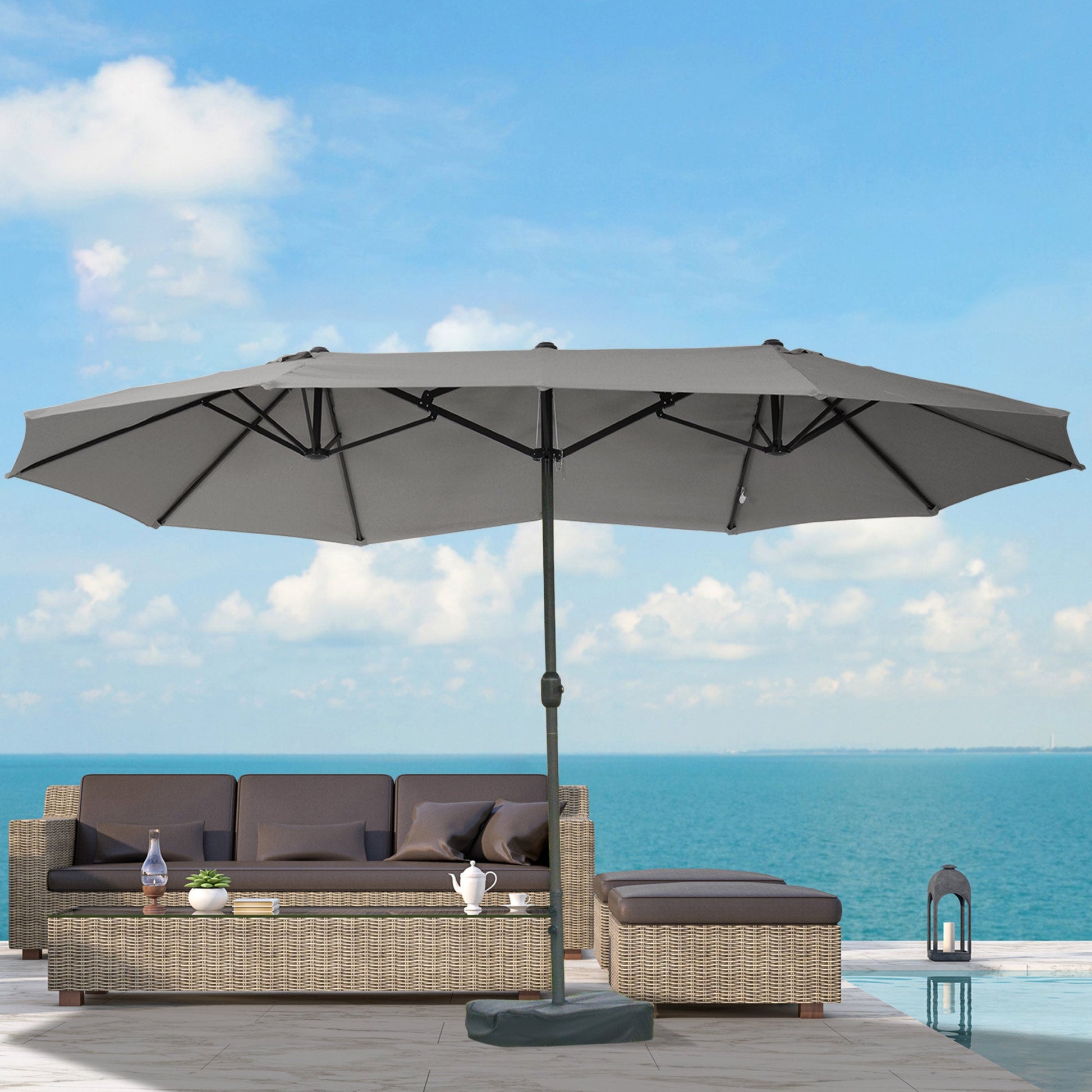 15' Outdoor Patio Umbrella with Twin Canopy Sunshade Steel Table Umbrella with Lift Crank, Cross base, Sandbag, Dark Grey