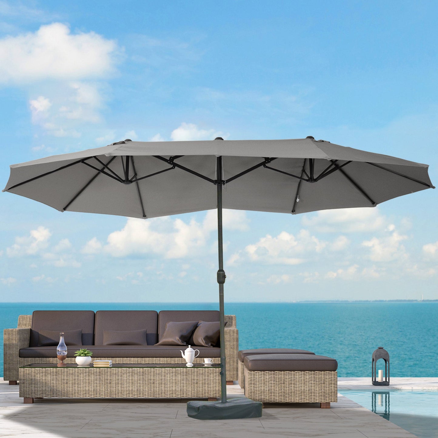 15' Outdoor Patio Umbrella with Twin Canopy Sunshade Steel Table Umbrella with Lift Crank, Cross base, Sandbag, Dark Grey