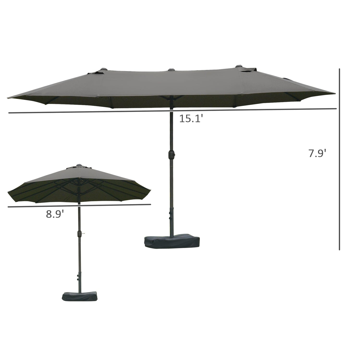 15' Outdoor Patio Umbrella with Twin Canopy Sunshade Steel Table Umbrella with Lift Crank, Cross base, Sandbag, Dark Grey