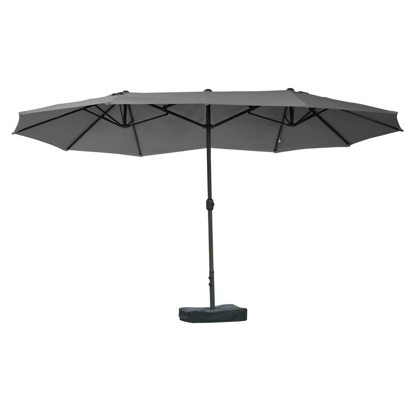 15' Outdoor Patio Umbrella with Twin Canopy Sunshade Steel Table Umbrella with Lift Crank, Cross base, Sandbag, Dark Grey