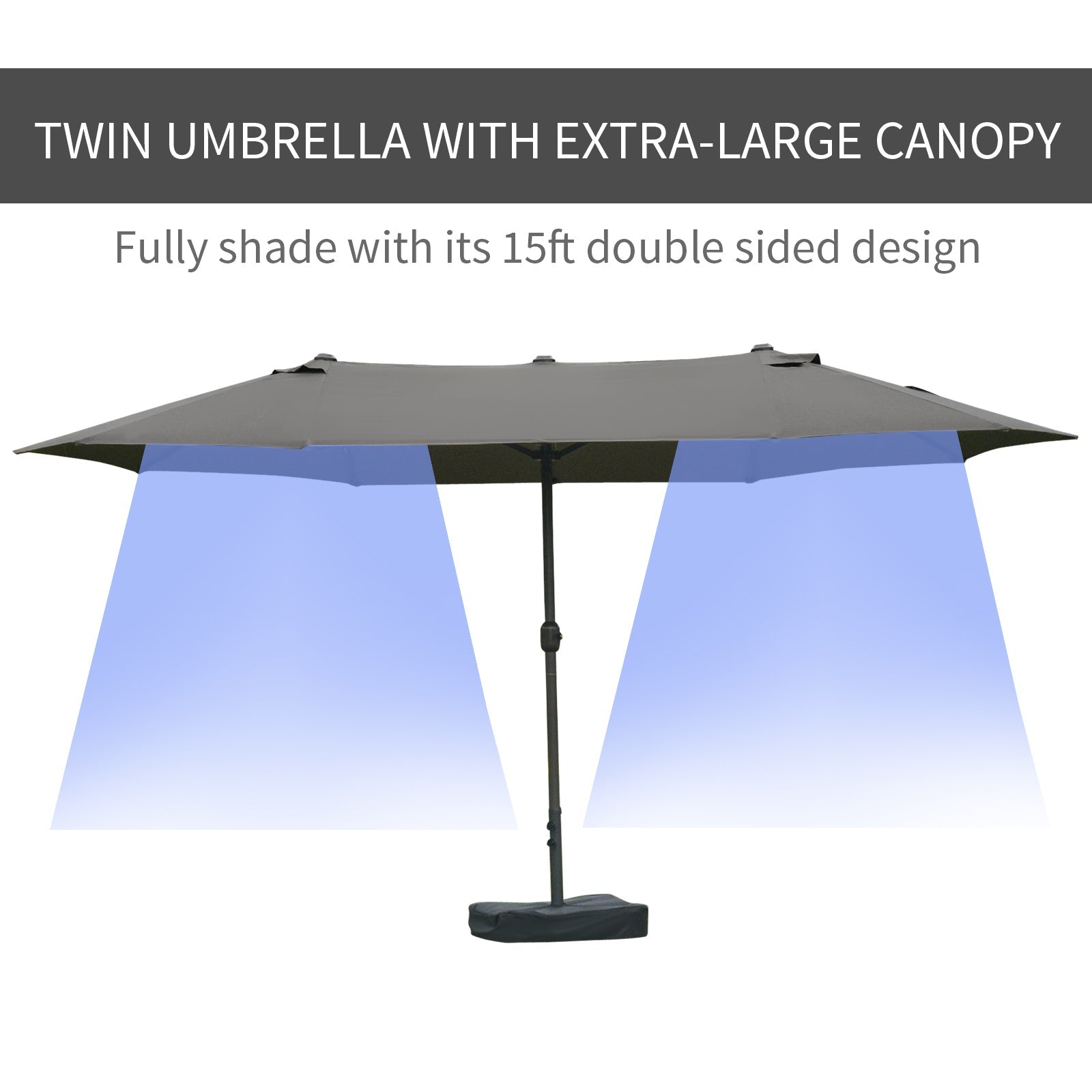 15' Outdoor Patio Umbrella with Twin Canopy Sunshade Steel Table Umbrella with Lift Crank, Cross base, Sandbag, Dark Grey