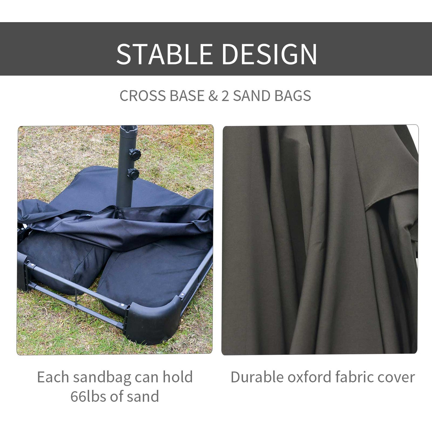 15' Outdoor Patio Umbrella with Twin Canopy Sunshade Steel Table Umbrella with Lift Crank, Cross base, Sandbag, Dark Grey