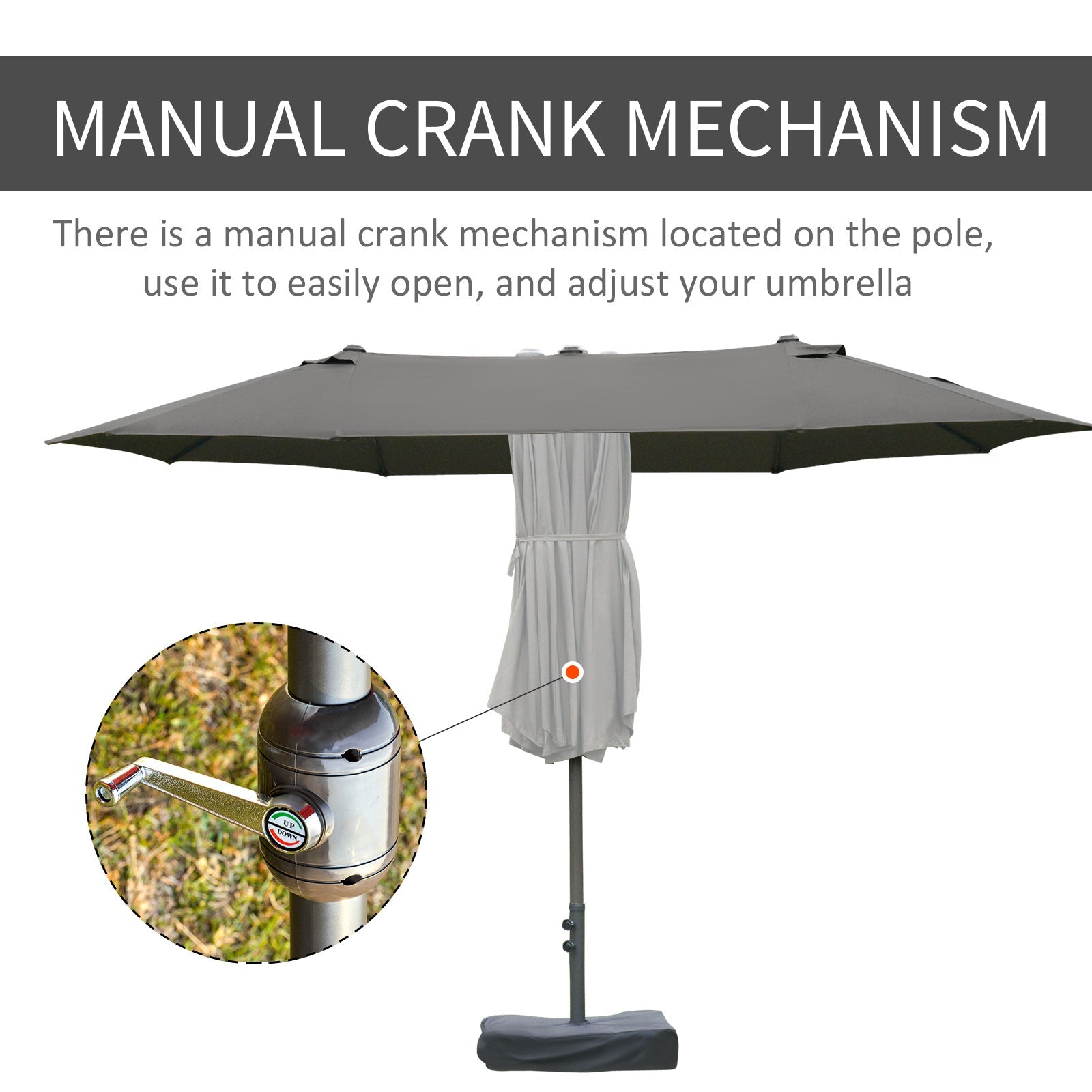 15' Outdoor Patio Umbrella with Twin Canopy Sunshade Steel Table Umbrella with Lift Crank, Cross base, Sandbag, Dark Grey