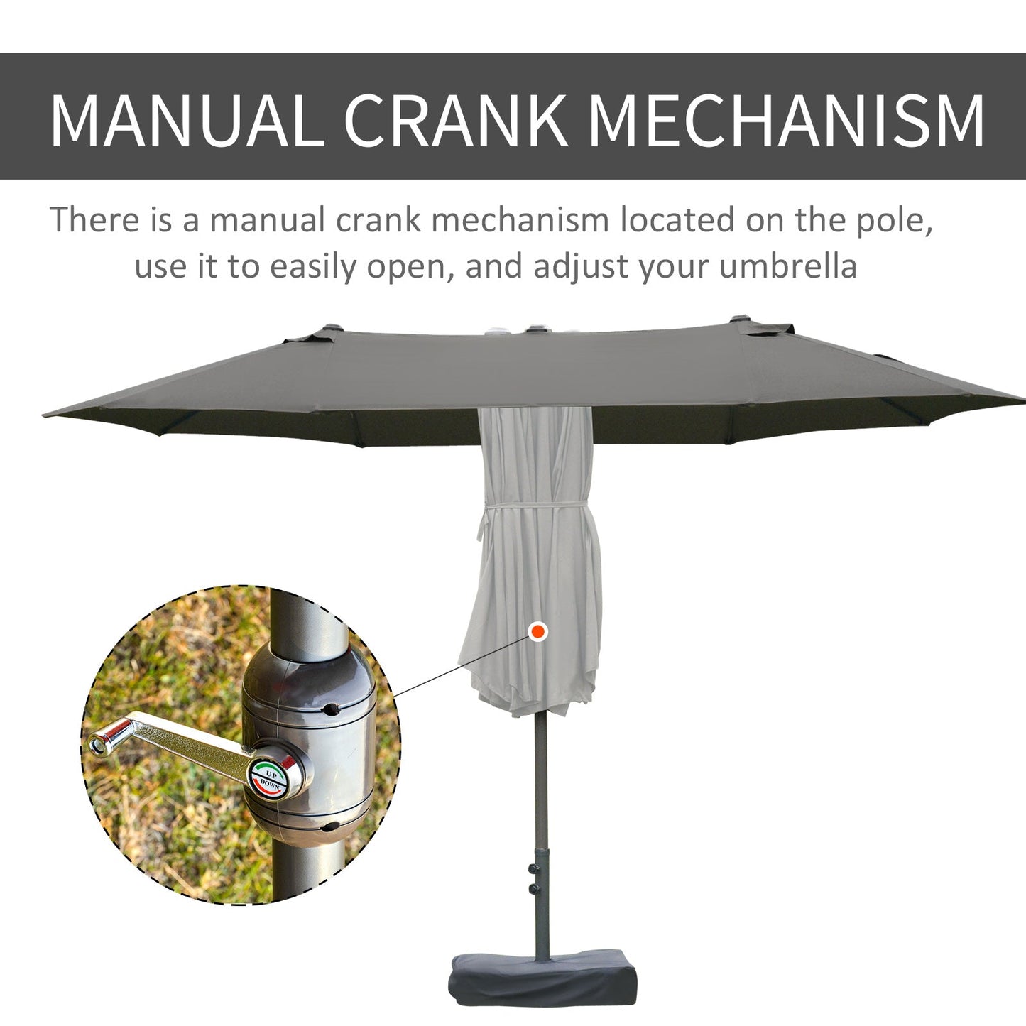 15' Outdoor Patio Umbrella with Twin Canopy Sunshade Steel Table Umbrella with Lift Crank, Cross base, Sandbag, Dark Grey