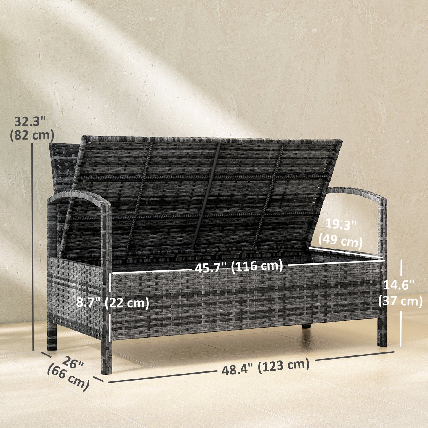 Wicker Outdoor Storage Bench, 33 Gallon PE Rattan Deck Box Seat, 2-Seater Patio Bench with Storage and Cushion for Garden Tools, Balcony, Backyard, Pool, Grey