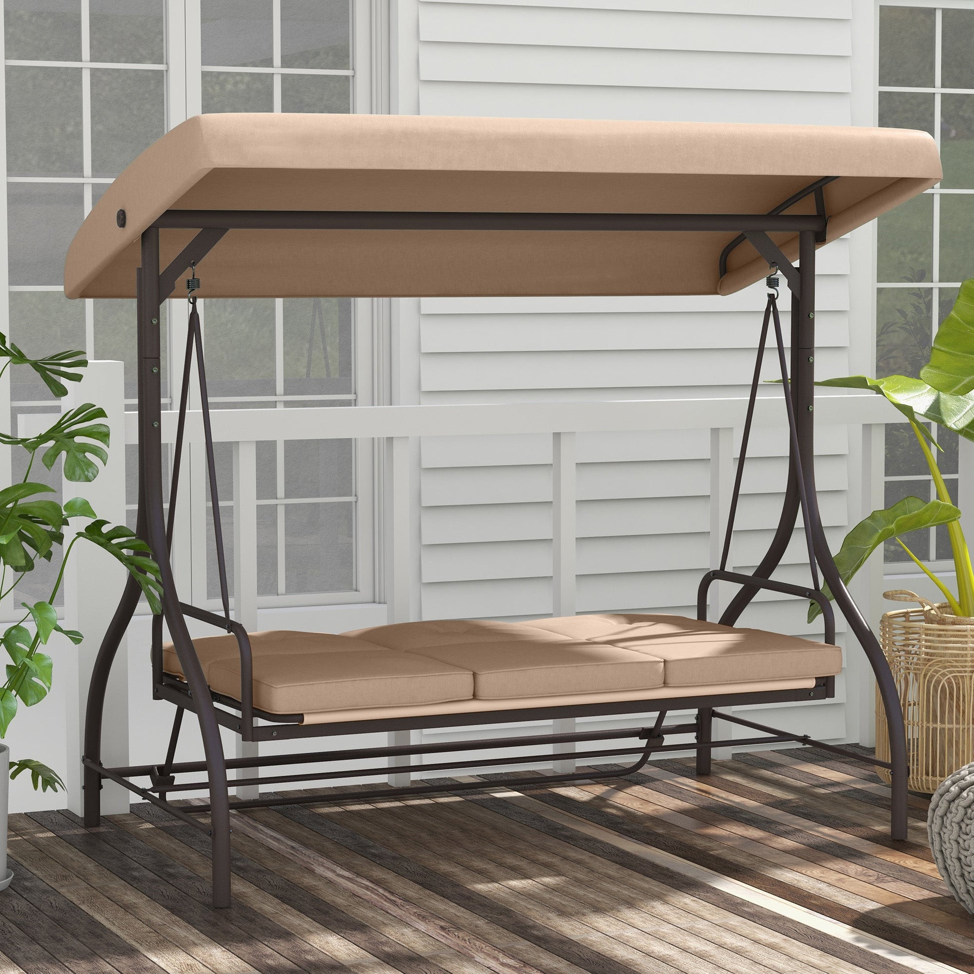 3 Seater Patio Swing Chair Convertible Cushioned Porch Swing Bed Outdoor Swing Seat with Canopy, Steel Frame for Porch, Backyard, Garden, Balcony, Khaki