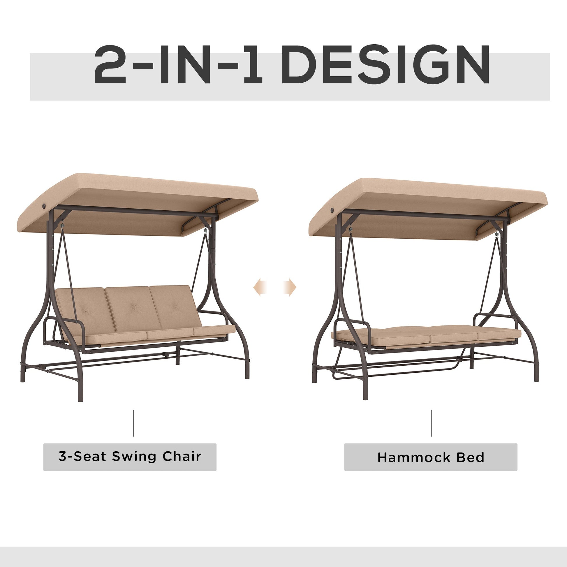 3 Seater Patio Swing Chair Convertible Cushioned Porch Swing Bed Outdoor Swing Seat with Canopy, Steel Frame for Porch, Backyard, Garden, Balcony, Khaki