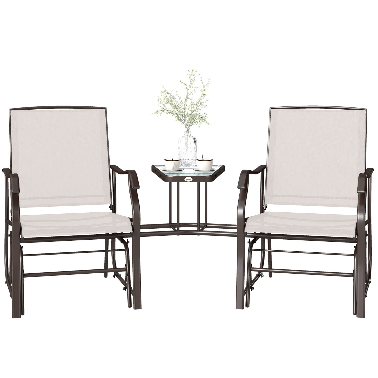 Double Patio Glider Chair with Glass Top Center Table, Outdoor Glider Loveseat with High Back,  All Weather Breathable Mesh Fabric for Garden, Backyard, Deck, Beige