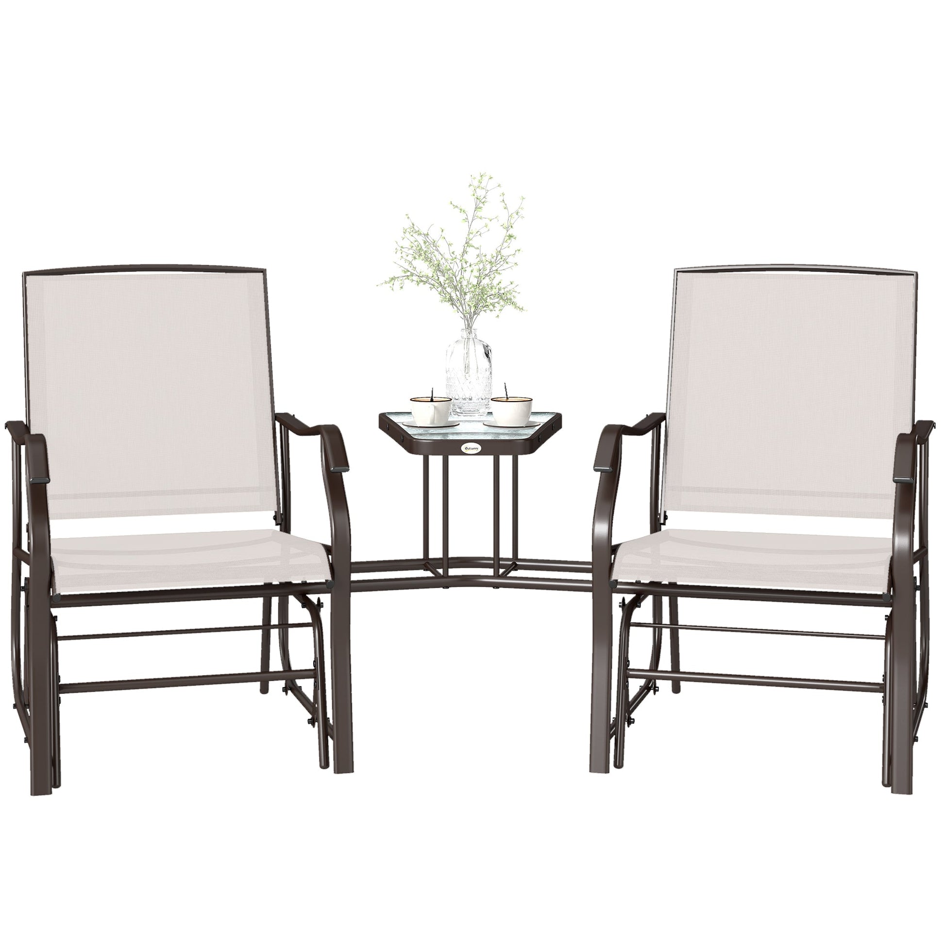 Double Patio Glider Chair with Glass Top Center Table, Outdoor Glider Loveseat with High Back,  All Weather Breathable Mesh Fabric for Garden, Backyard, Deck, Beige