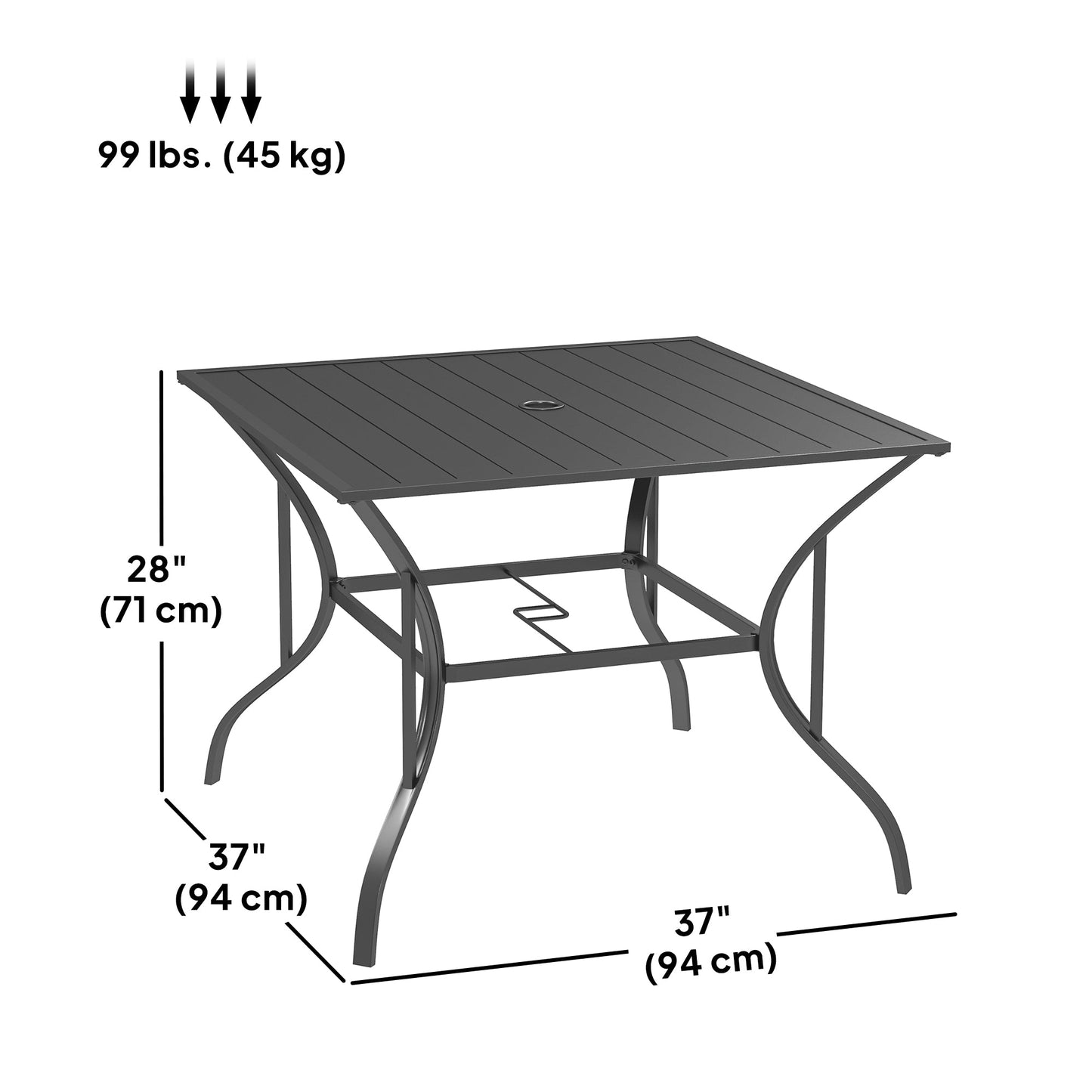 Outdoor Dining Table for Four, Patio Table with Parasol Hole, Square Garden Table with Slatted Metal Plate Top for Backyard, Poolside, Dark Grey