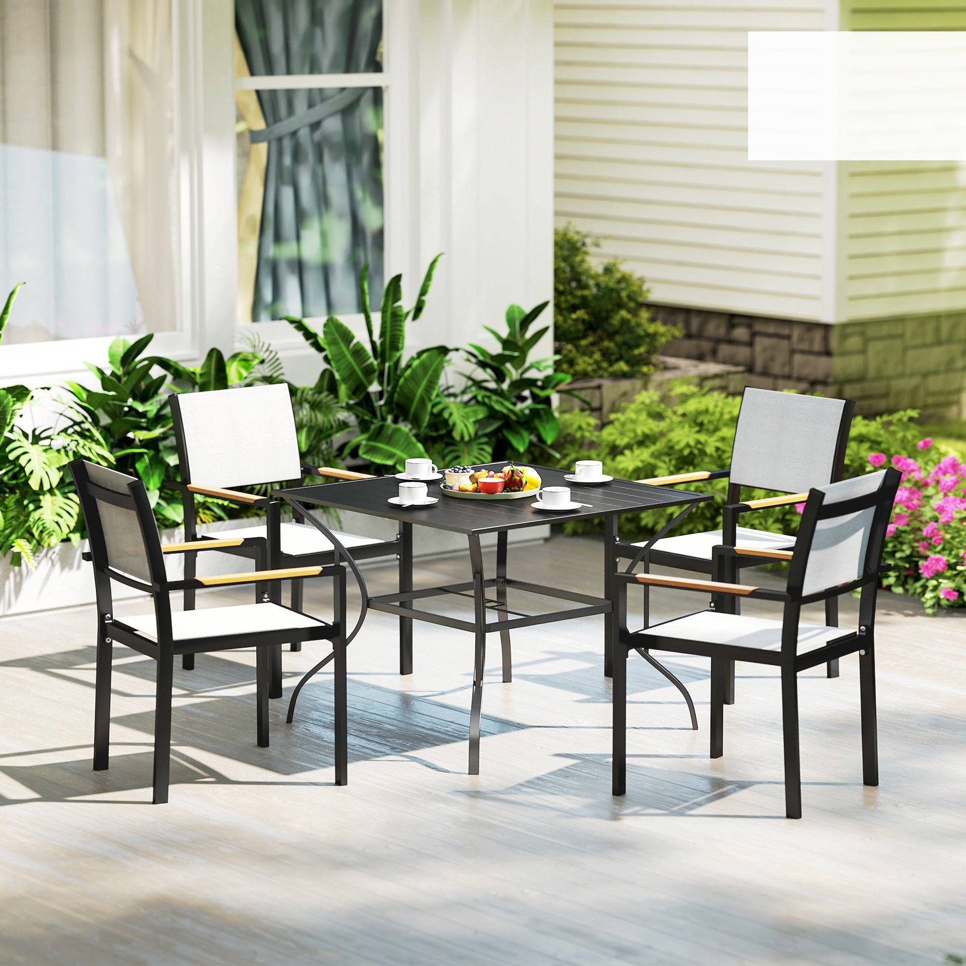 Outdoor Dining Table for Four, Patio Table with Parasol Hole, Square Garden Table with Slatted Metal Plate Top for Backyard, Poolside, Dark Grey