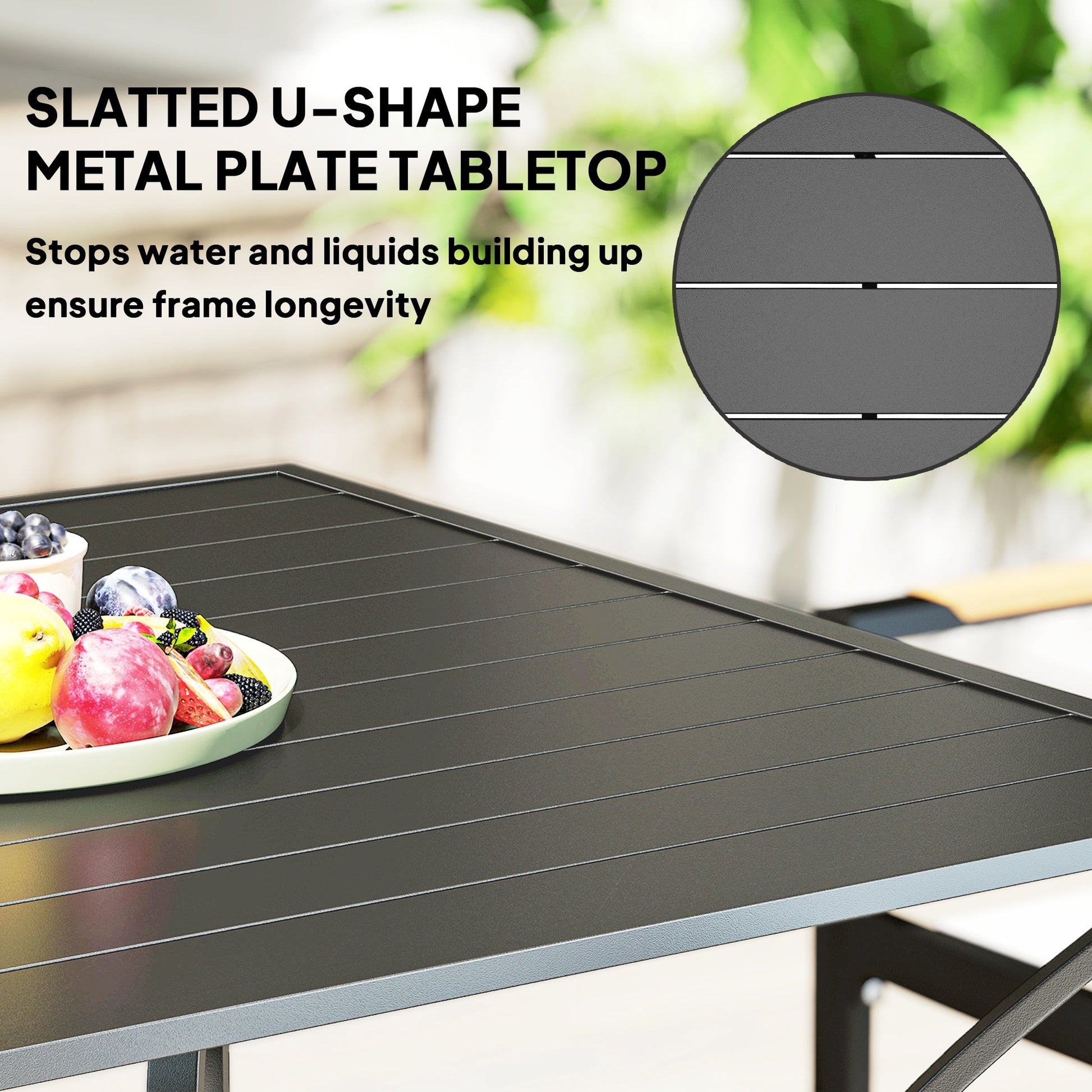 Outdoor Dining Table for Four, Patio Table with Parasol Hole, Square Garden Table with Slatted Metal Plate Top for Backyard, Poolside, Dark Grey