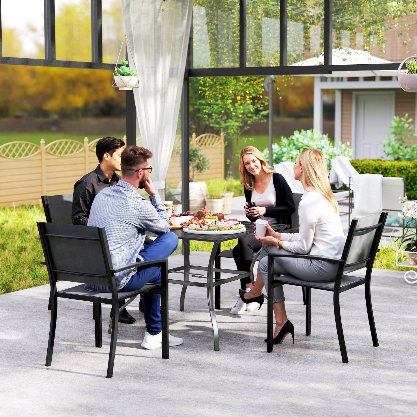 Outdoor Dining Table for Four, Patio Table with Parasol Hole, Square Garden Table with Slatted Metal Plate Top for Backyard, Poolside, Dark Grey