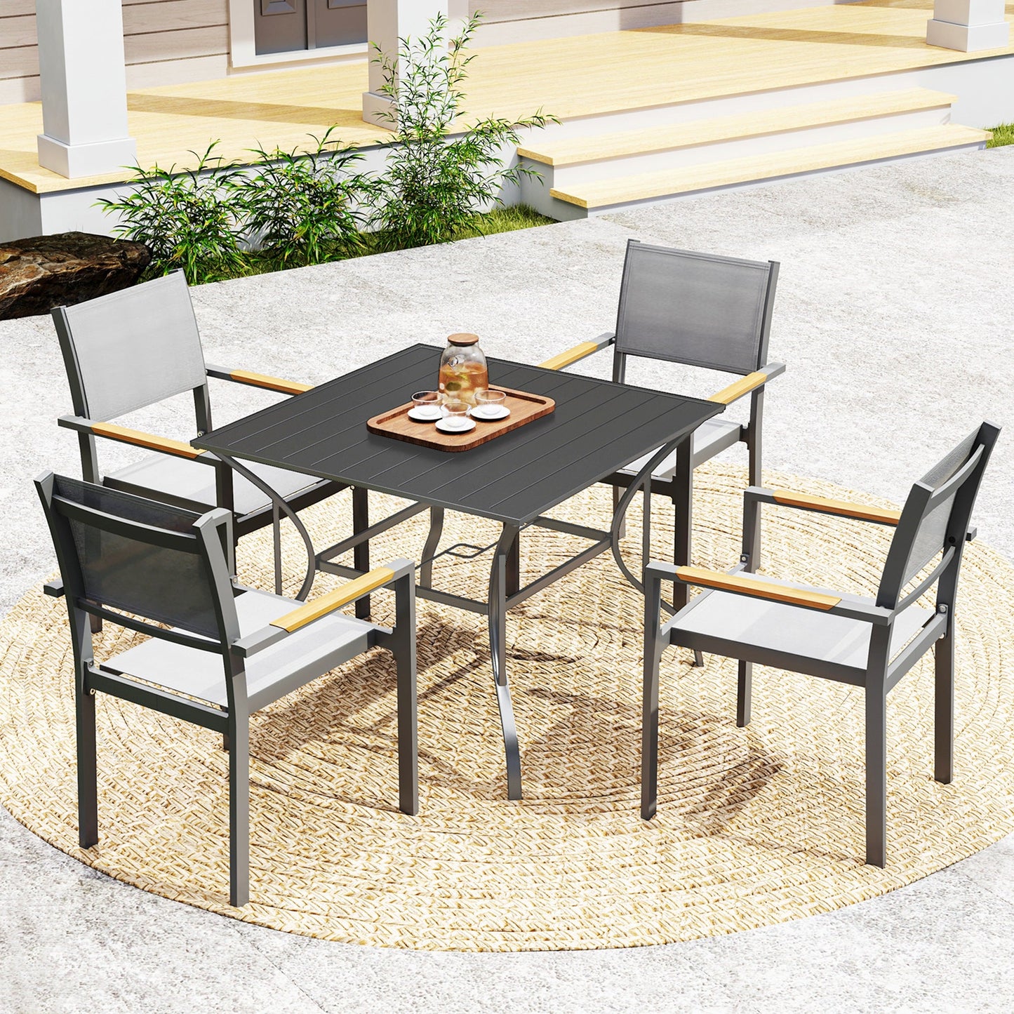 Outdoor Dining Table for Four, Patio Table with Parasol Hole, Square Garden Table with Slatted Metal Plate Top for Backyard, Poolside, Dark Grey