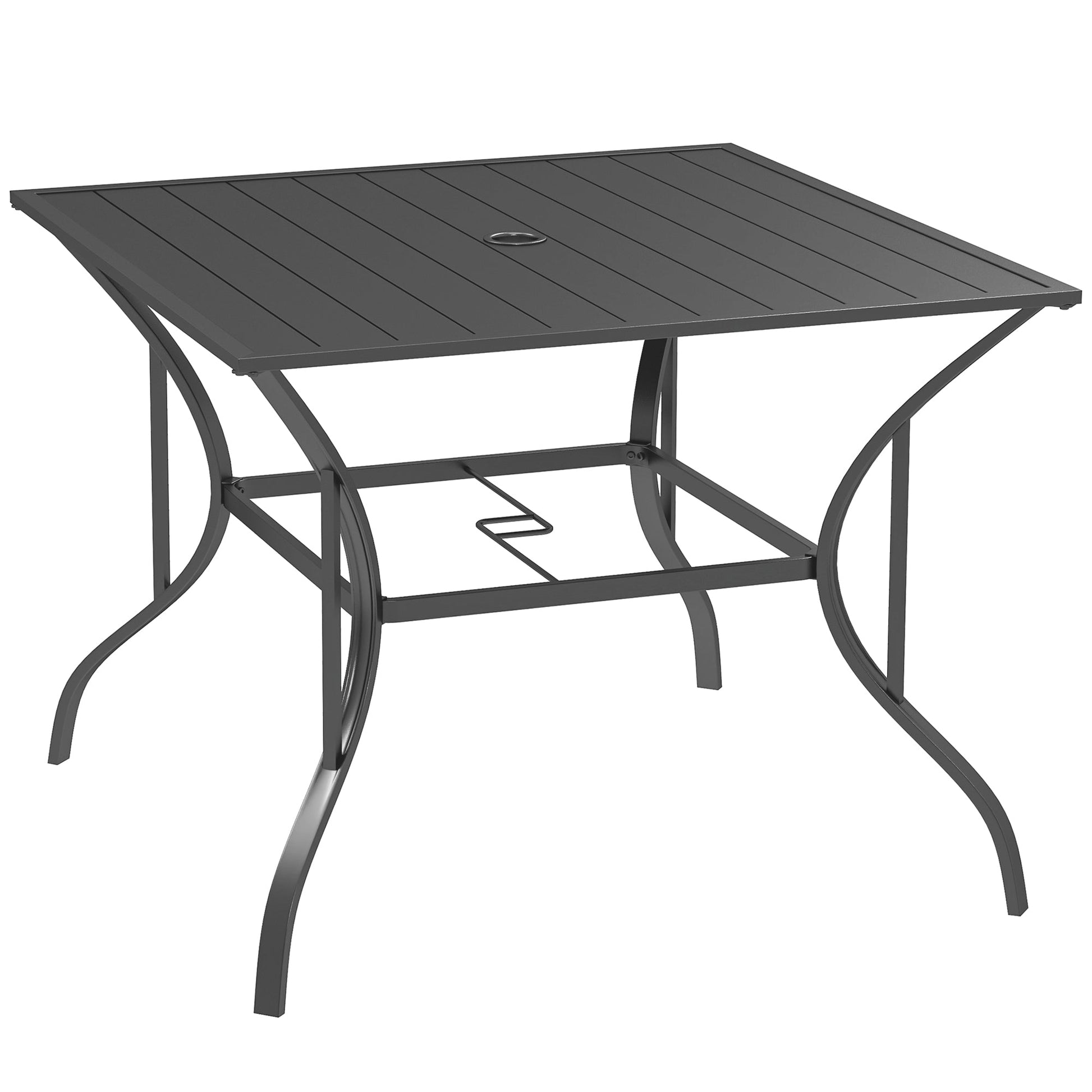 Outdoor Dining Table for Four, Patio Table with Parasol Hole, Square Garden Table with Slatted Metal Plate Top for Backyard, Poolside, Dark Grey