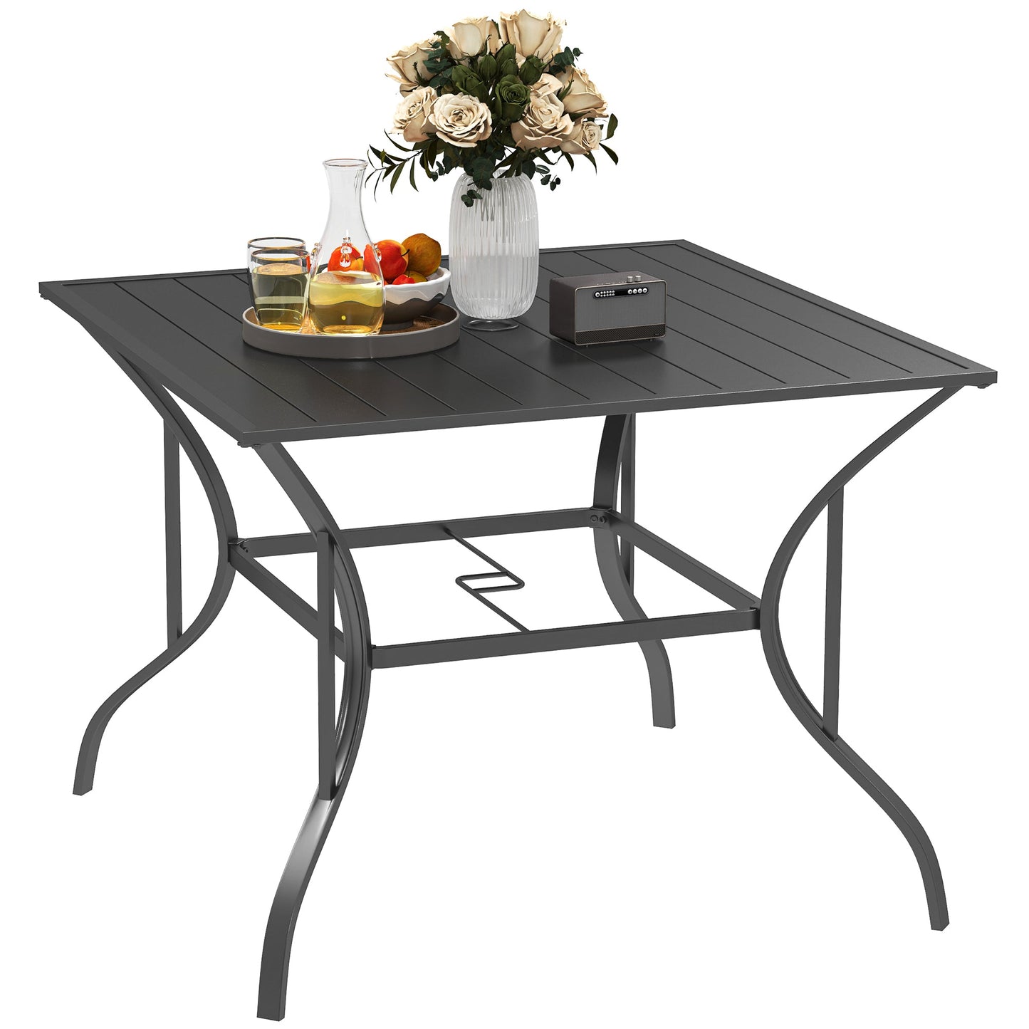 Outdoor Dining Table for Four, Patio Table with Parasol Hole, Square Garden Table with Slatted Metal Plate Top for Backyard, Poolside, Dark Grey