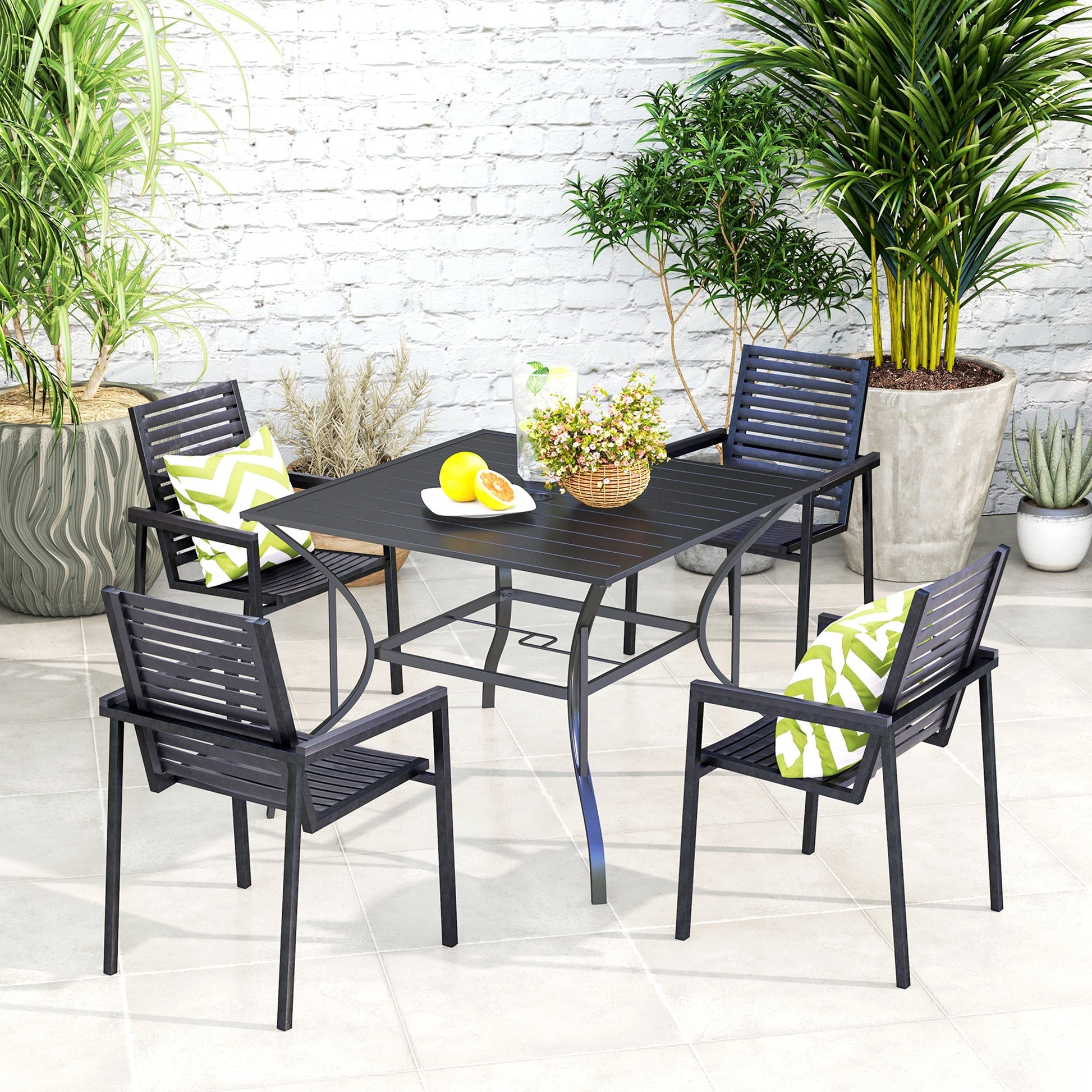 Outdoor Dining Table for Four, Patio Table with Parasol Hole, Square Garden Table with Slatted Metal Plate Top for Backyard, Poolside, Dark Grey