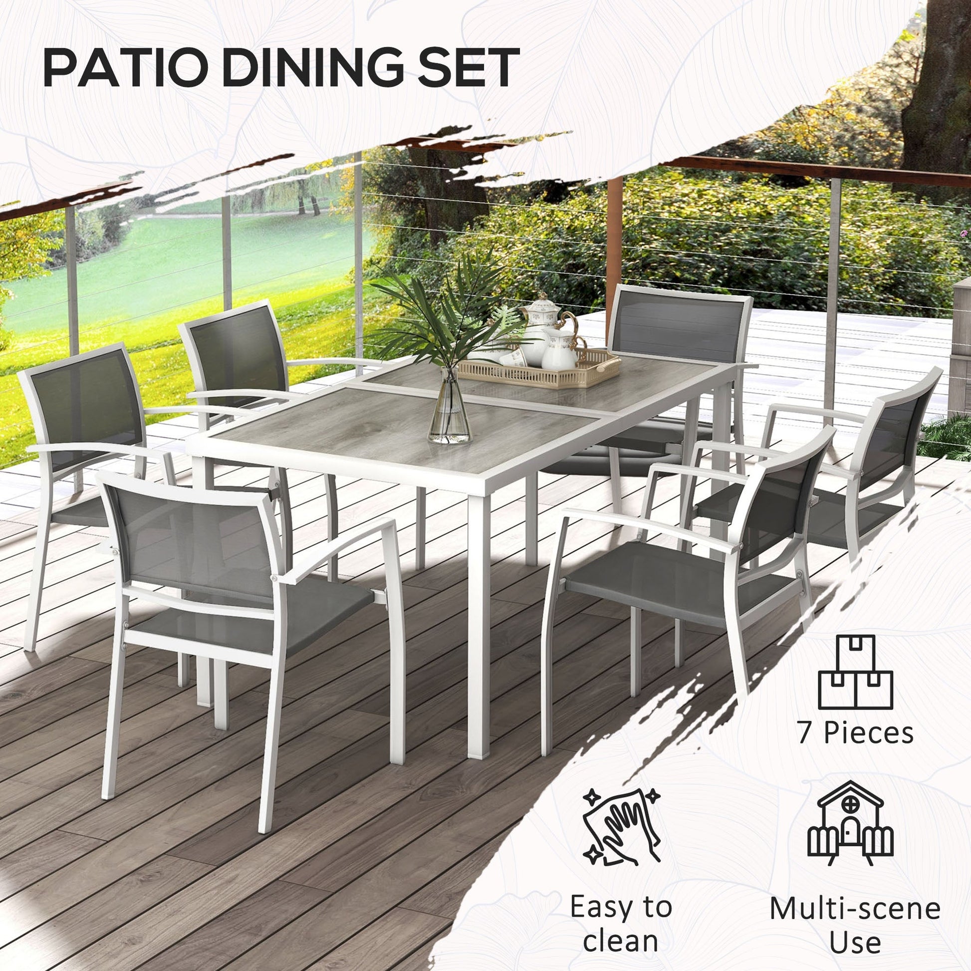 7 Pieces Patio Dining Set for 6 with Stackable Chairs, Outdoor Table and Chairs with Plastic Top, Breathable Mesh Seat and Back for Garden, Patio, Backyard, White and Grey