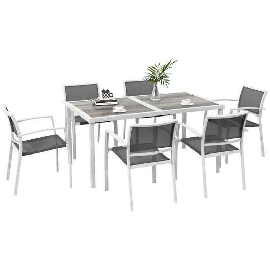 7 Pieces Patio Dining Set for 6 with Stackable Chairs, Outdoor Table and Chairs with Plastic Top, Breathable Mesh Seat and Back for Garden, Patio, Backyard, White and Grey