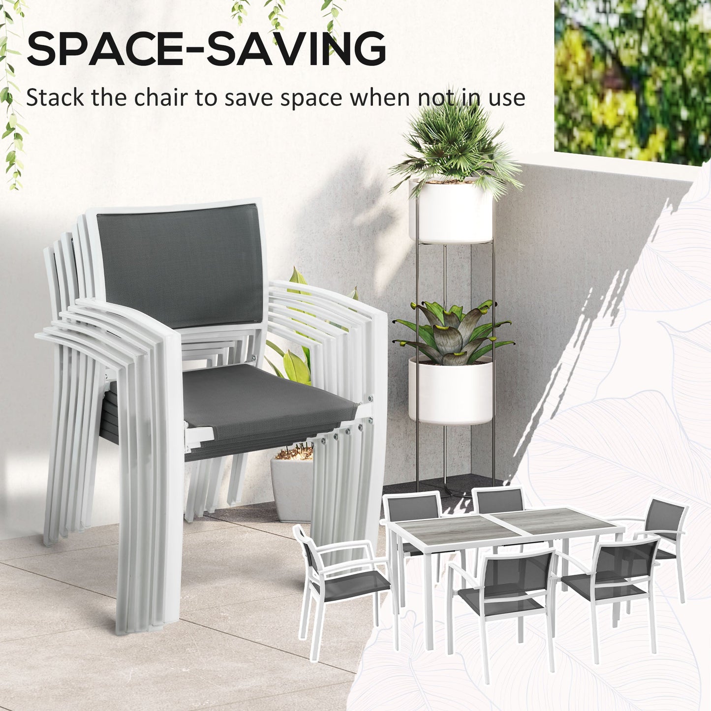 7 Pieces Patio Dining Set for 6 with Stackable Chairs, Outdoor Table and Chairs with Plastic Top, Breathable Mesh Seat and Back for Garden, Patio, Backyard, White and Grey