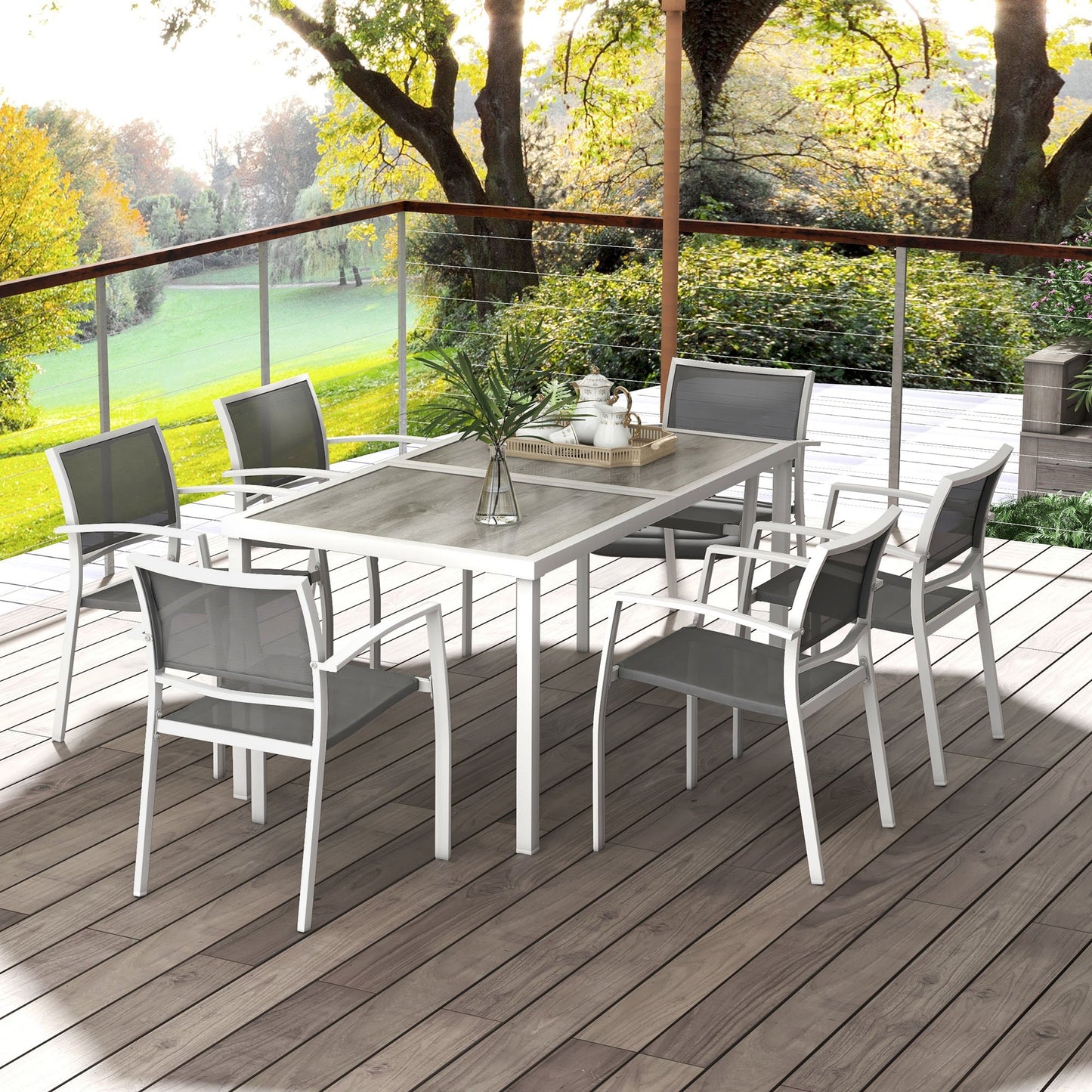 7 Pieces Patio Dining Set for 6 with Stackable Chairs, Outdoor Table and Chairs with Plastic Top, Breathable Mesh Seat and Back for Garden, Patio, Backyard, White and Grey