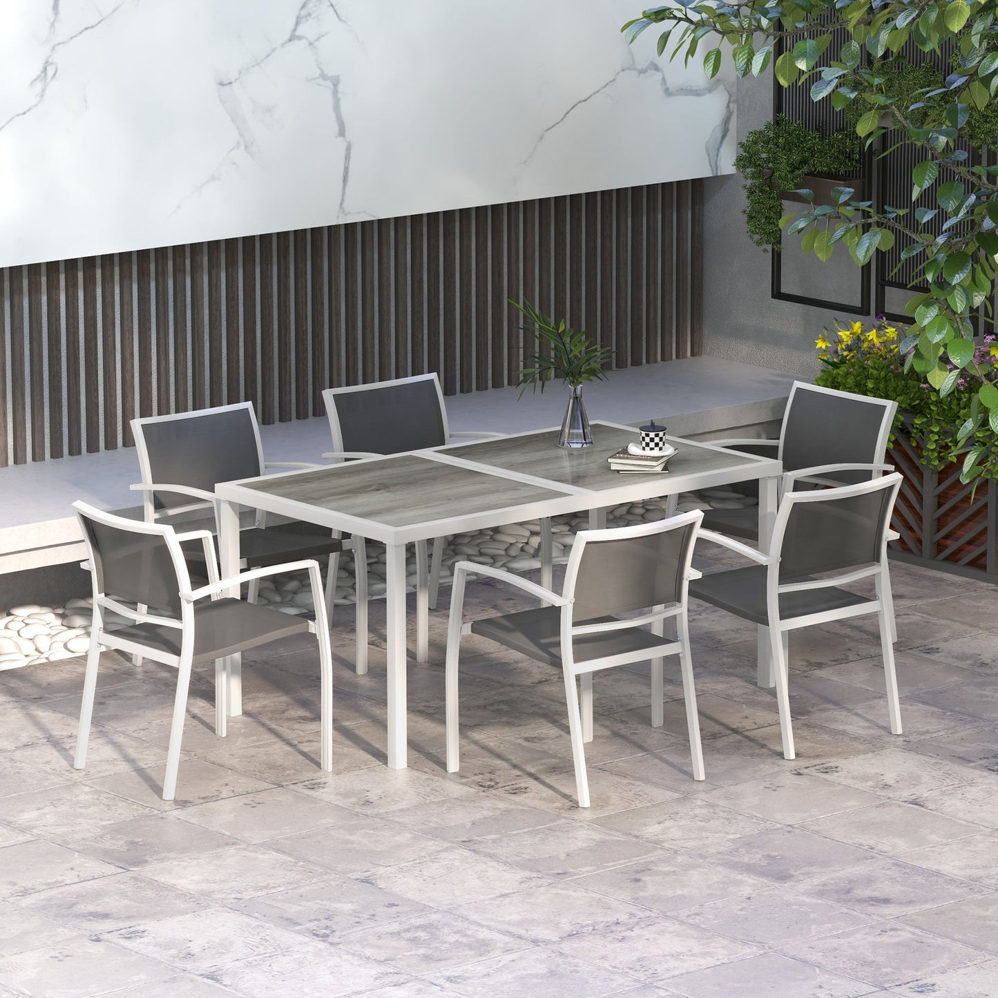 7 Pieces Patio Dining Set for 6 with Stackable Chairs, Outdoor Table and Chairs with Plastic Top, Breathable Mesh Seat and Back for Garden, Patio, Backyard, White and Grey