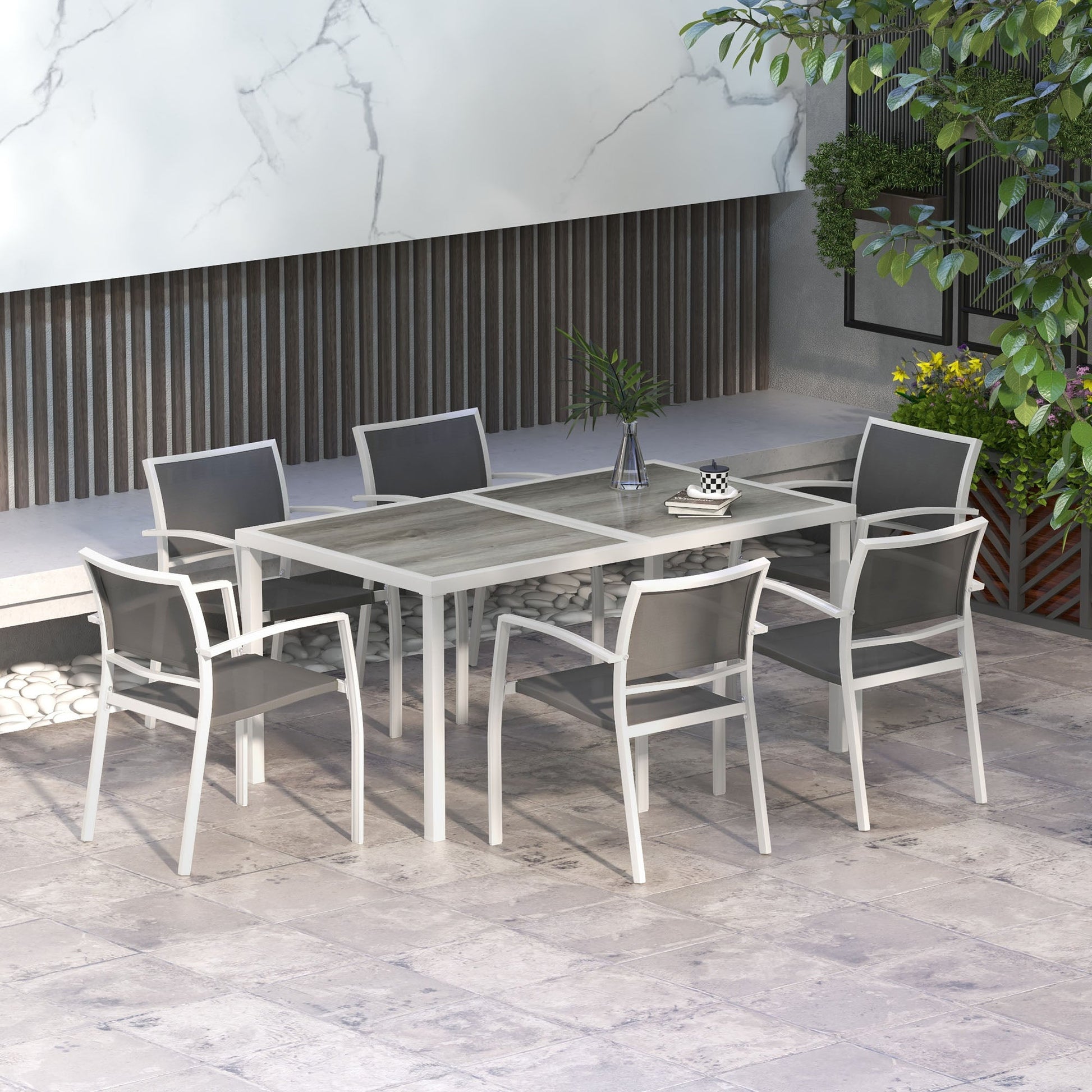7 Pieces Patio Dining Set for 6 with Stackable Chairs, Outdoor Table and Chairs with Plastic Top, Breathable Mesh Seat and Back for Garden, Patio, Backyard, White and Grey