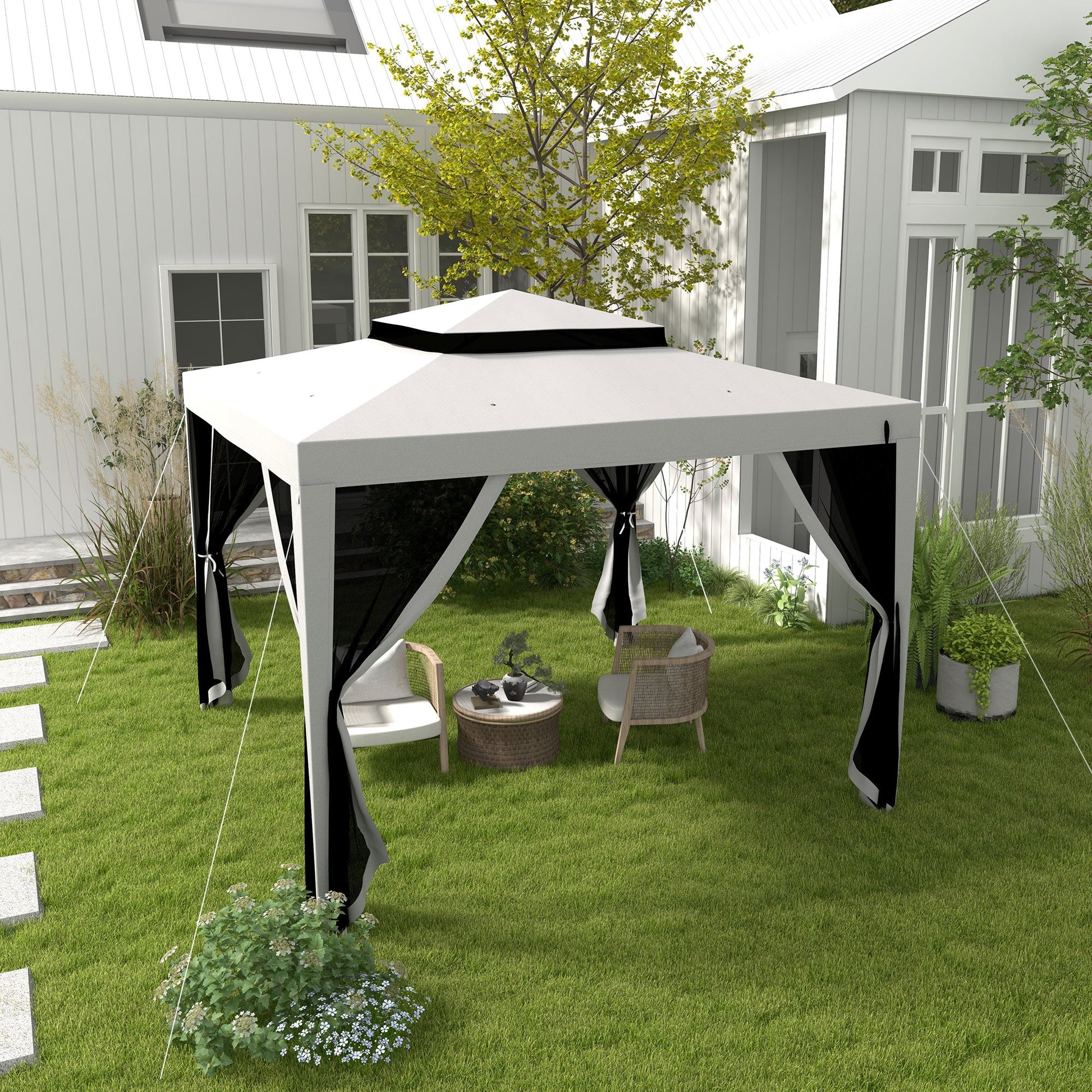 10' x 10' Canopy Tent, Party Tent with Mesh Netting and Double Tier Roof for Backyard, Garden, Patio, Outdoor, Grey