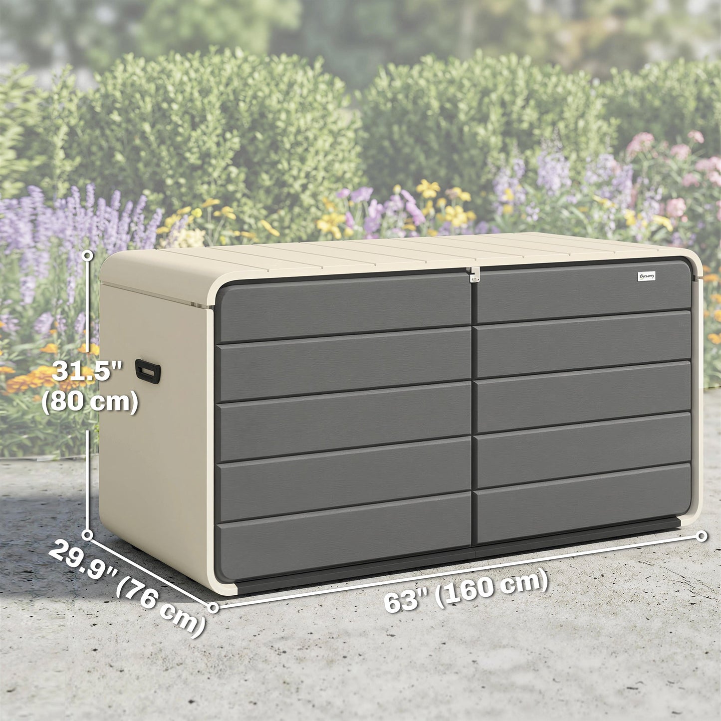 757 L Garden Storage Box, HDPE Deck Box with Wheels, Lockable Lid, Pneumatic Gas Rods and Side Handles, Outdoor Patio Storage Container for Garden Tools, Beige and Grey